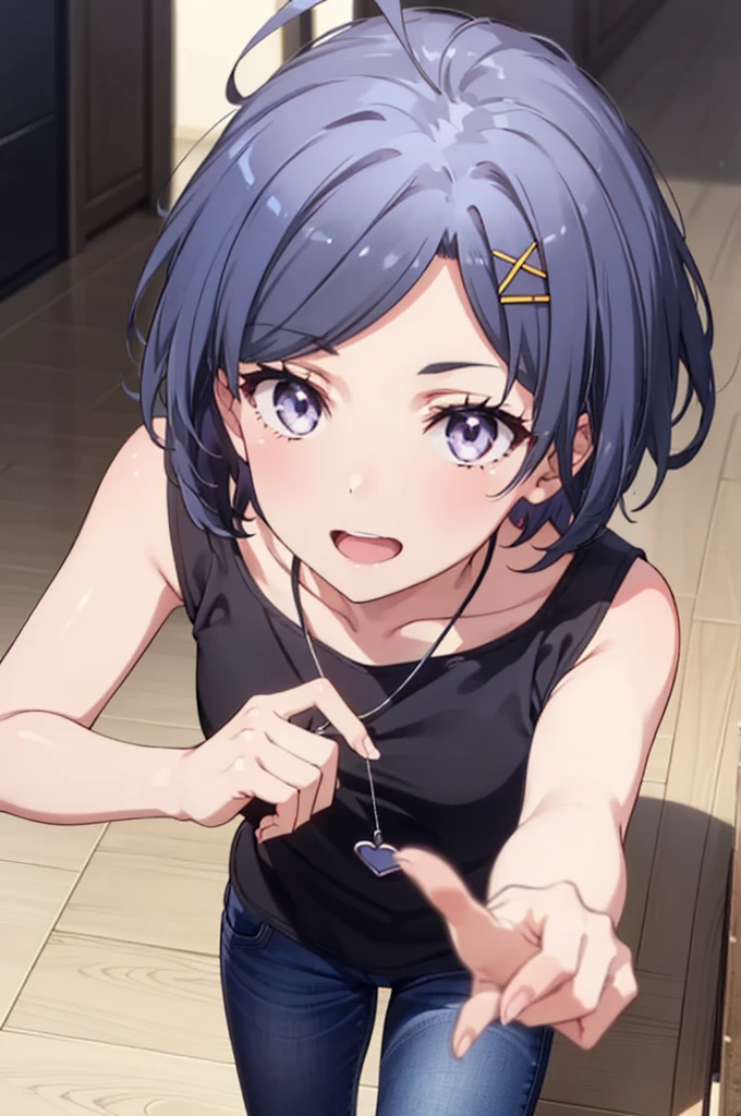 komachihikigaya, komachi hikigaya, short hair, Black Hair, hair ornaments, Ahoge, Hair Clip, x hair ornaments, (Purple eyes:1.1), tooth, happy smile, smile, Open your mouth, black tank top shirt,Locket Necklace,Skinny jeans,Stiletto heels,morning,morning陽,The sun is rising,Walking,whole bodyがイラストに入るように,
break outdoors, Building district,
break looking at viewer,whole body,
break (masterpiece:1.2), Highest quality, High resolution, unity 8k wallpaper, (figure:0.8), (Beautiful attention to detail:1.6), Highly detailed face, Perfect lighting, Highly detailed CG, (Perfect hands, Perfect Anatomy),