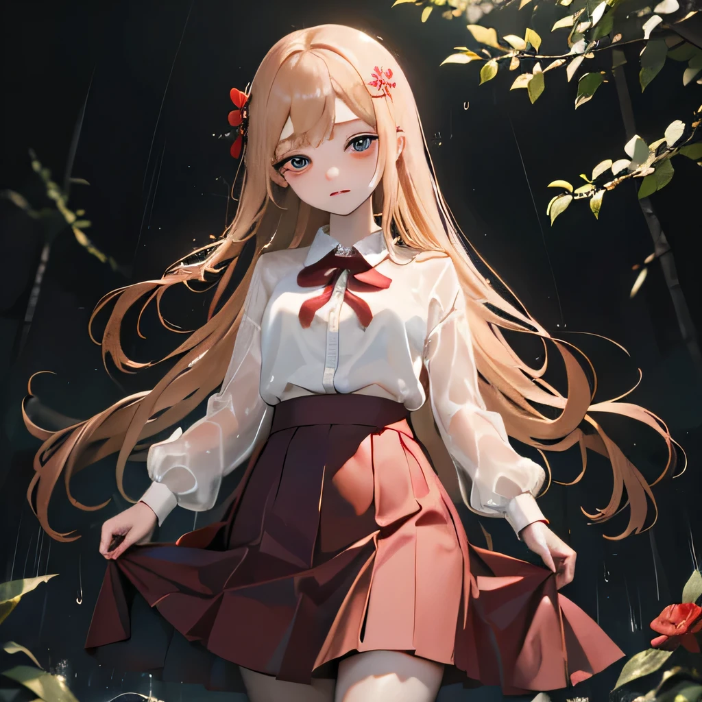 masterpiece, Highest quality, 8k wallpaper, Very detailed, A girl about 12 years old, Golden Hair, Long Hair, fine grain、(Red Skirt)、 White dress shirt,(A single large red flower hair ornament)，dark、Light blue eyes、Troubled expression、Shooting from below、Dark Taste、Rain is pouring、In the woods、Sheltering from the Rain、Lifting a long skirt、Your shirt is wet、See-through、Dripping Water、Are standing