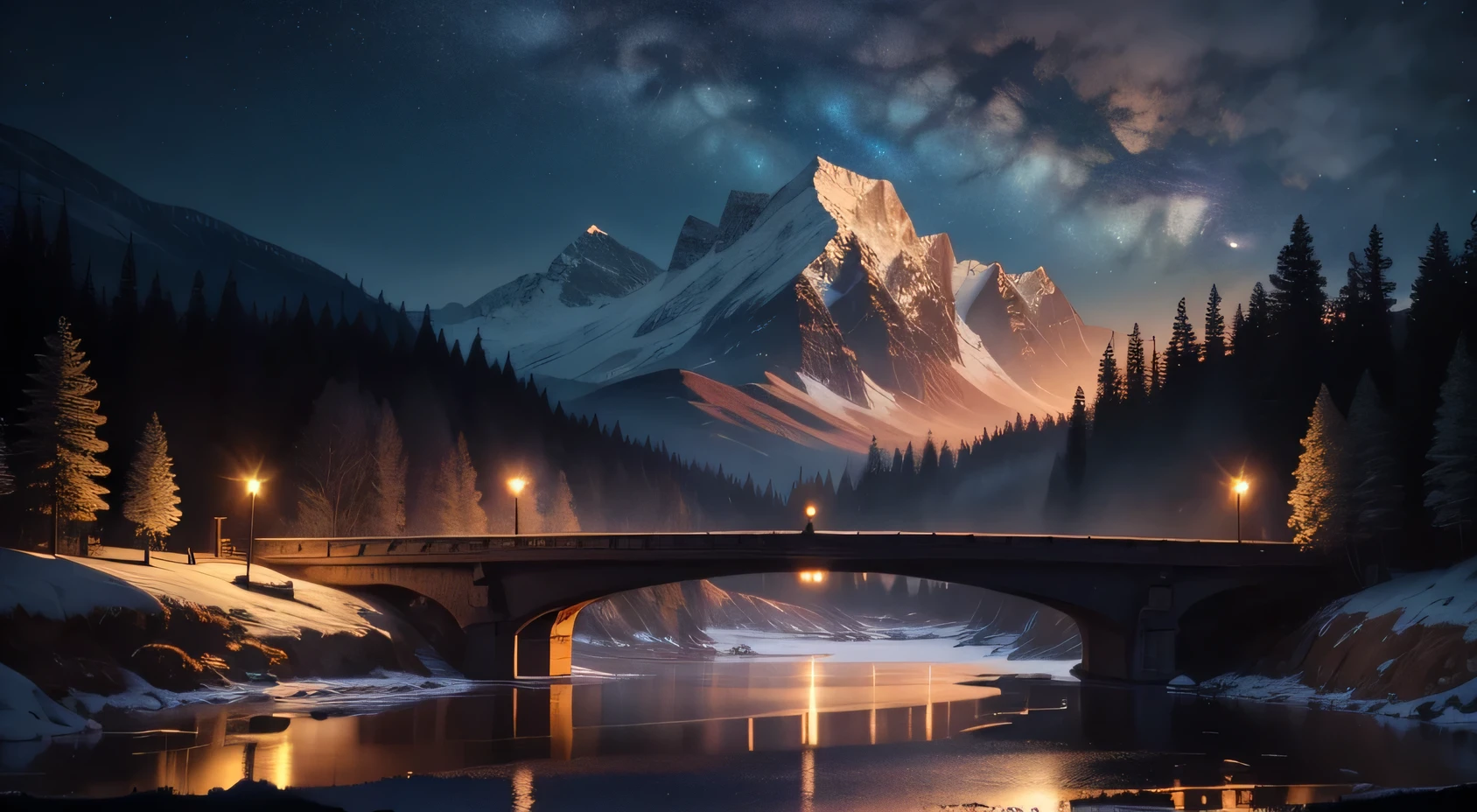 Night view,8K,Highest quality,live-action,"Enchanting landscape under the moonlight on a beautiful bridge."