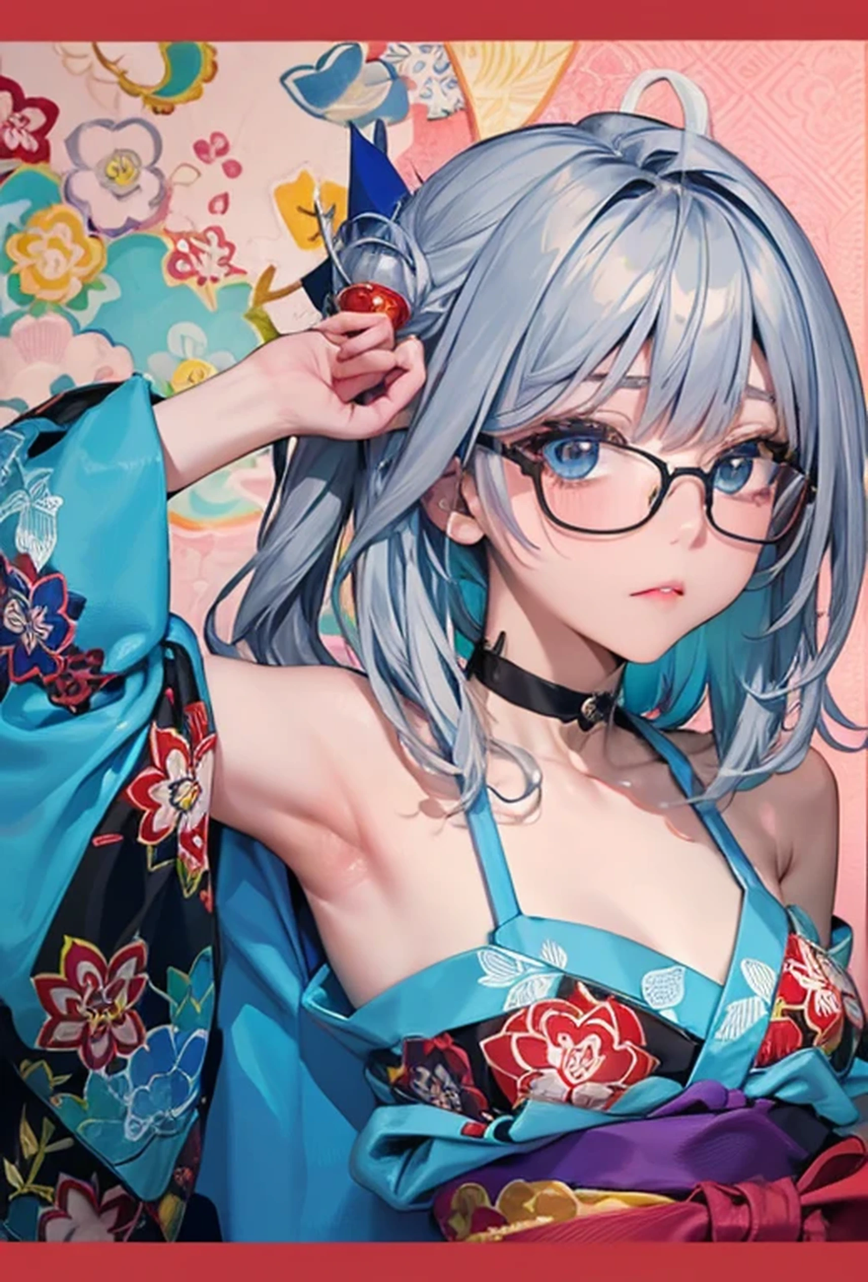 (Super detailed、Ultra-high resolution、Detailed Background)、((Flat Color))、((colorful))、Multicolored lighting、((浮かぶcolorfulな水))、
A woman in a Japanese kimono is tied up、Tied up and BallGaged、
(Medium Hair、Silver Hair、hair ornaments、Glasses、choker)、Beautiful blue eyes、Beautiful red lip、(sad、Confusion）