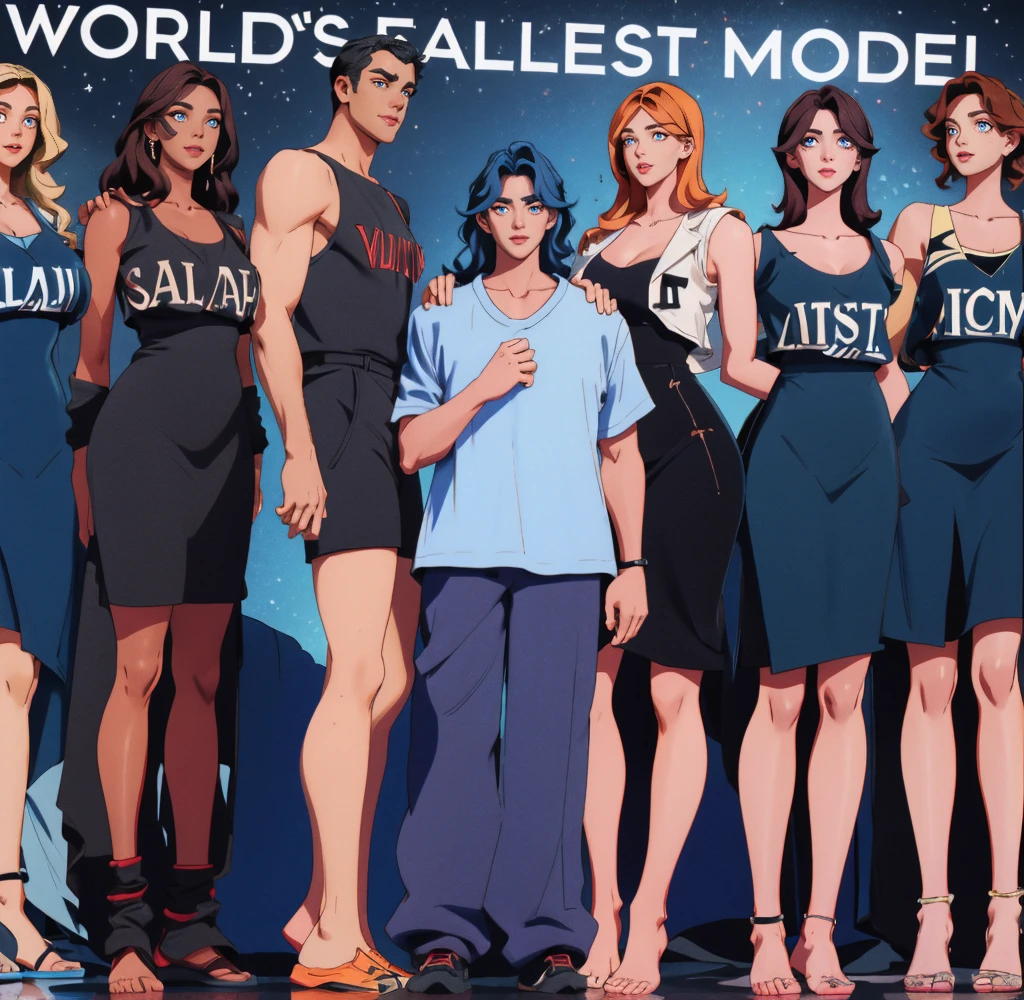 Three tall girls on the lfe left, three tall girls in the right, short man in the middle, the girls are much taller than the man, girls have big and cleavage, girls are wearing black, man is wearing blue shirt, girls are standing barefoot, man is wearing shoes,