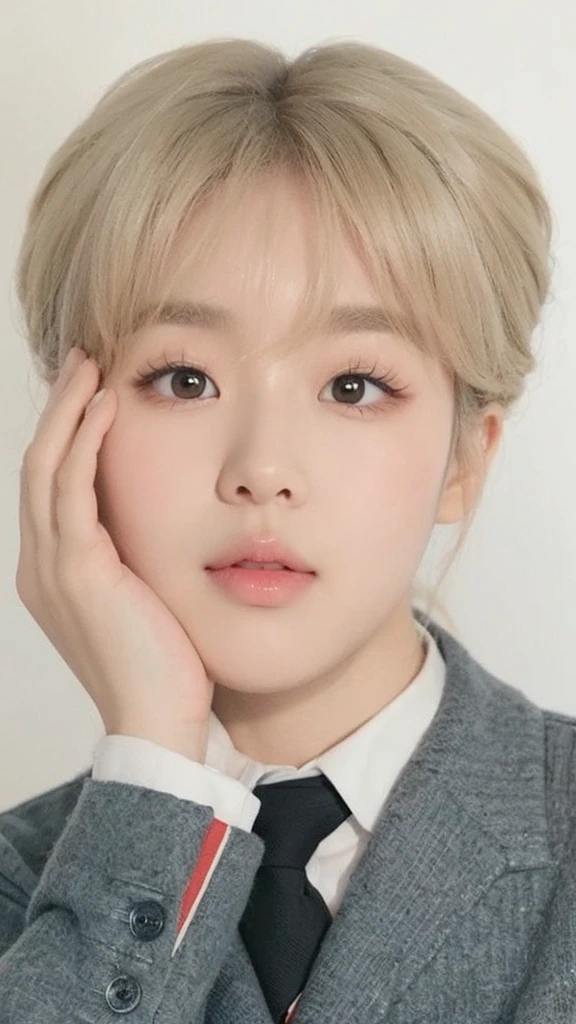cute round eyes, cute nose, round cheeks, skin fair, double eyelid, big eyelashes