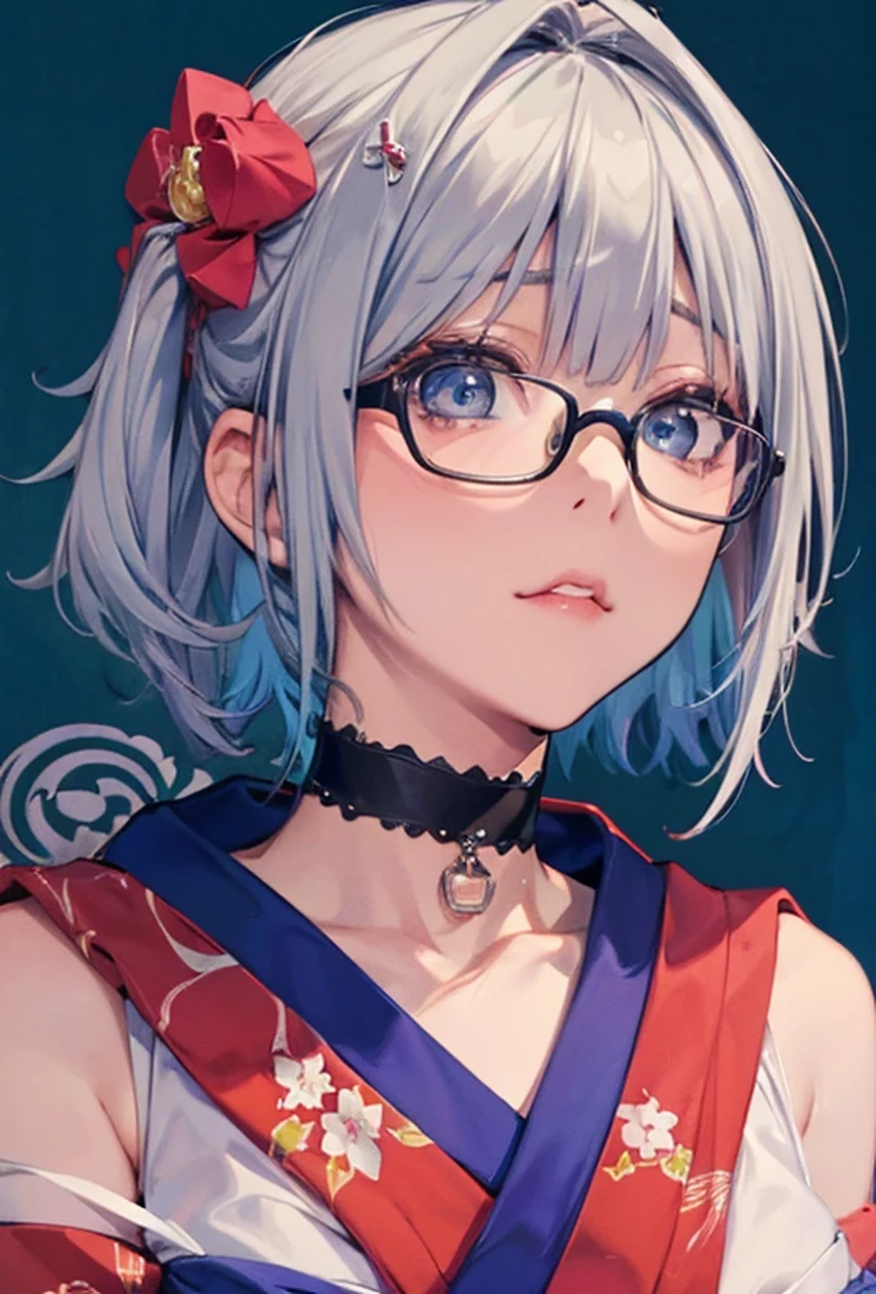 (Super detailed、Ultra-high resolution、Detailed Background)、((Flat Color))、((colorful))、Multicolored lighting、((浮かぶcolorfulな水))、
A woman in a Japanese kimono is tied up、Tied up and BallGaged、
(Medium Hair、Silver Hair、hair ornaments、Glasses、choker)、Beautiful blue eyes、Beautiful red lip、(sad、Confusion）