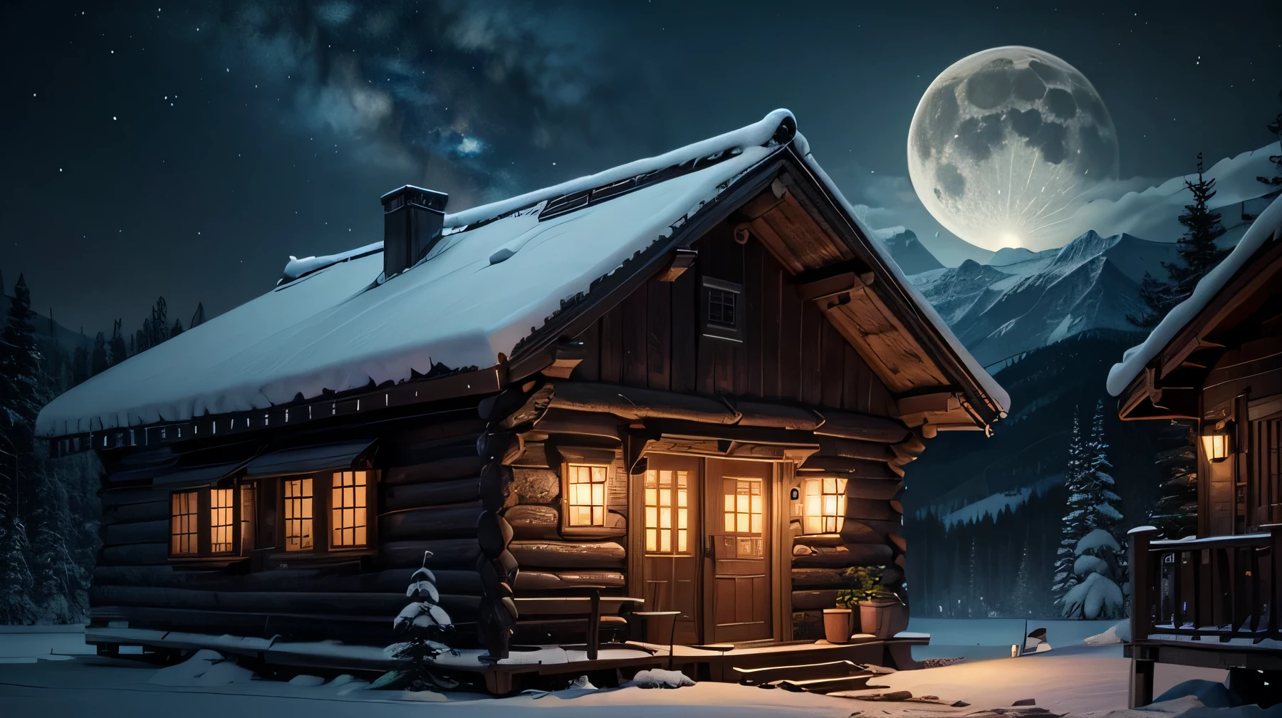 night景,8K,Highest quality,live-action,moon　Mountain　Wooden hut　Lots of plants　night　Mountain賊　Animal skins　room　Shabby　Dilapidated　stuffed toy　Animal bones　Herbs