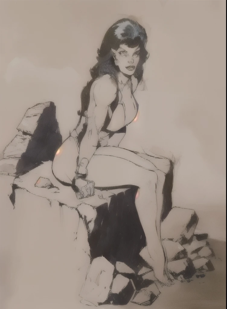 a drawing of a woman sitting on a rock, She Hulk, perfect body, muscles, loose rocks and rubble, frank frazetta style, jeffrey catherine jones pose, inspired by Clyde Caldwell, pencile and ink, frank frazetta manga style, inspired by Frank Frazetta, John Buscema, Marvel. inspired by Alex Toth, by Evan Charlton, pencil and ink, style of frank frazetta, ink sketch