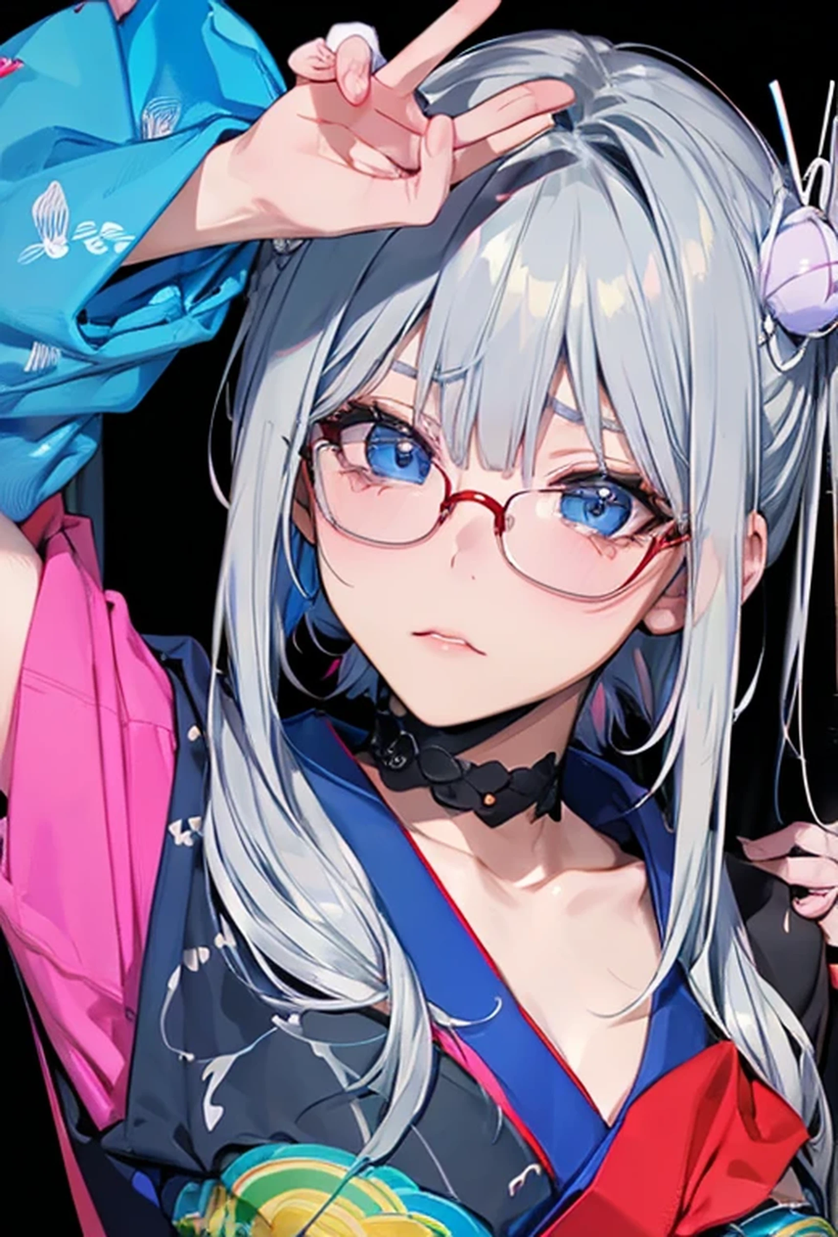 (Super detailed、Ultra-high resolution、Detailed Background)、((Flat Color))、((colorful))、Multicolored lighting、((浮かぶcolorfulな水))、
A woman in a Japanese kimono is tied up、Tied up and wearing a seshter、
(Medium Hair、Silver Hair、hair ornaments、Glasses、choker)、Beautiful blue eyes、Beautiful red lip、(sad、Confusion）