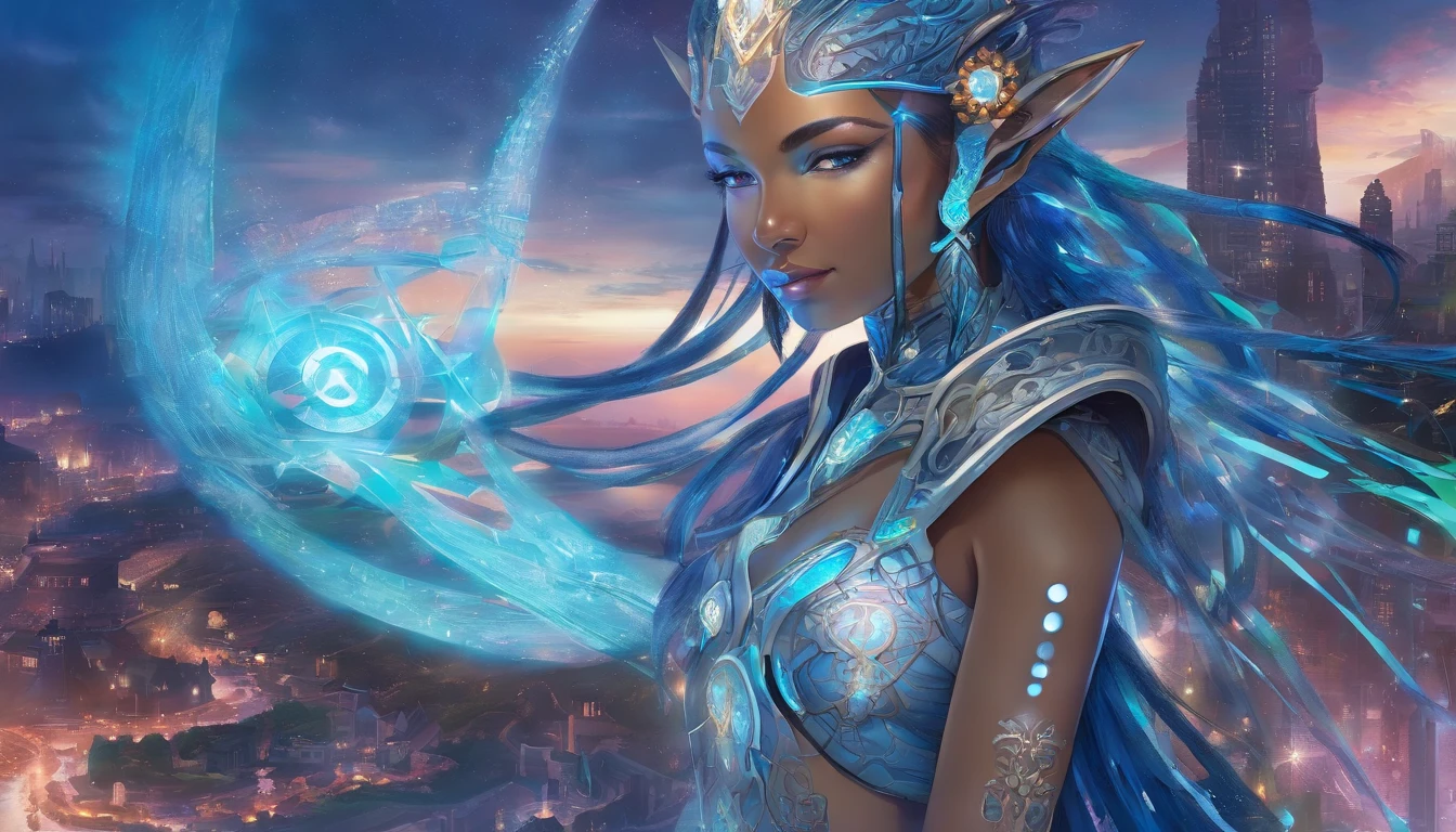 cyberpunk Battlecore barbarian woman with glowing opalescent third eye, highly detailed glowing elven runes tattooed to the irises, glowing elven, Stealth skin, runes on cheeks, runes on jawline, runes on ears, runes on forehead,blue humanoid cavatar with bioluminescent avatar markings, full body, bare feet, magical technological tribal clothing, dots and patterns on its skin. Pointy elf ears. avatar like hair, hair color: black, bright sparkling blue eyes, slightly shimmering iridescent blue skin. female, warrior like, magical and mystical, detailed and realistic. Blue skin tone only. Only blue colored skin. Skin color all blue. Wide and deep scenery, dynamic scene with a sense of movement, several planes of depth, magical light with cold tones, brilliant aura. In the background, an epic view, with exuberant nature and an ancient technological city highlighted, with neon highlighting the buildings.