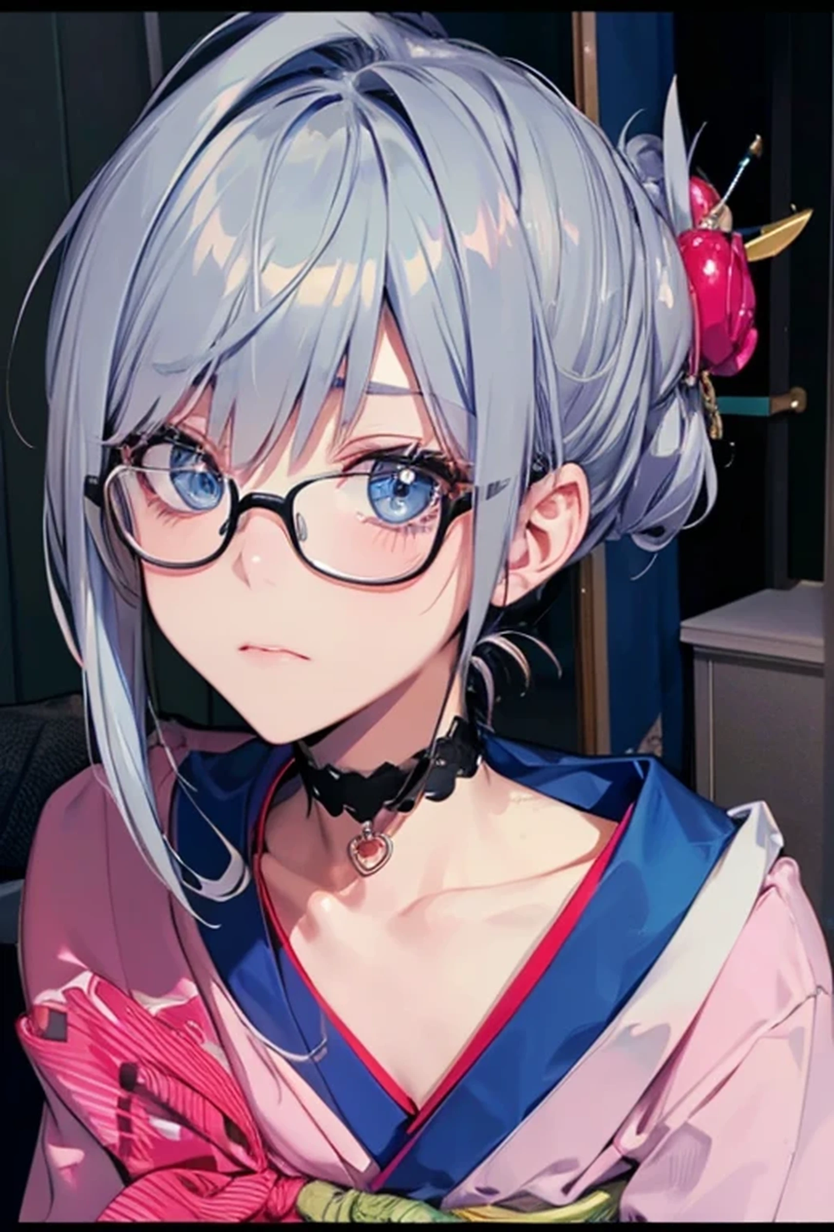 (Super detailed、Ultra-high resolution、Detailed Background)、((Flat Color))、((colorful))、Multicolored lighting、((浮かぶcolorfulな水))、
A woman in a Japanese kimono is tied up、Tied up and wearing a seshter、
(Medium Hair、Silver Hair、hair ornaments、Glasses、choker)、Beautiful blue eyes、Beautiful red lip、(sad、Confusion)