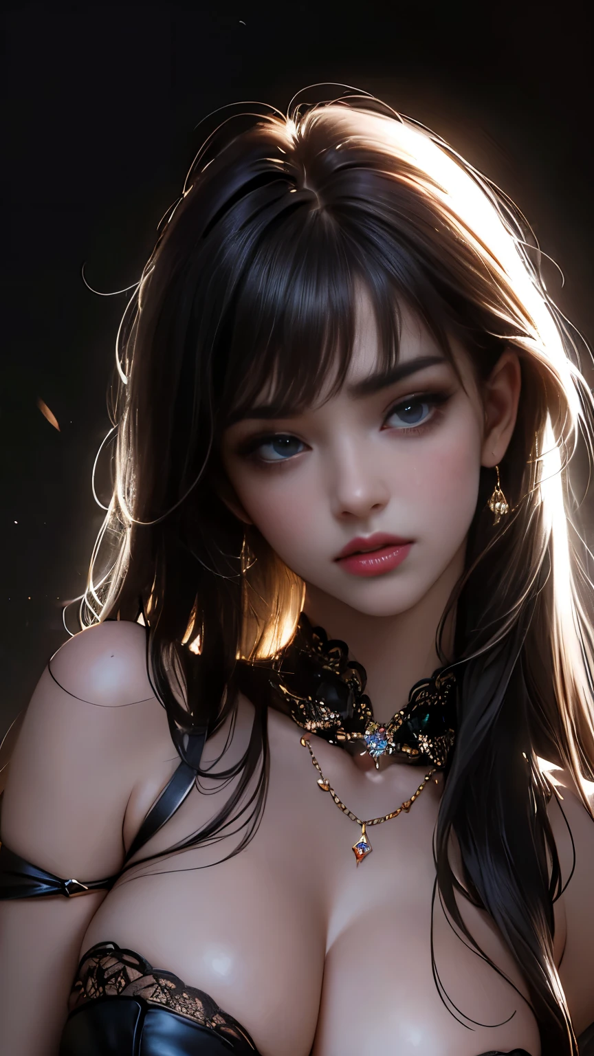 (best quality,4k,8k,highres,masterpiece:1.2),ultra-detailed,(realistic,photorealistic,photo-realistic:1.37),beautiful expressive eyes,long eyelashes,beautiful detailed lips,detailed hair and face,(She looks as if she is about to cry.),clean and flawless skin,(Very large breasts, big tits, oversized tits),Short hair,(Round earrings, chokers, Black hair band),