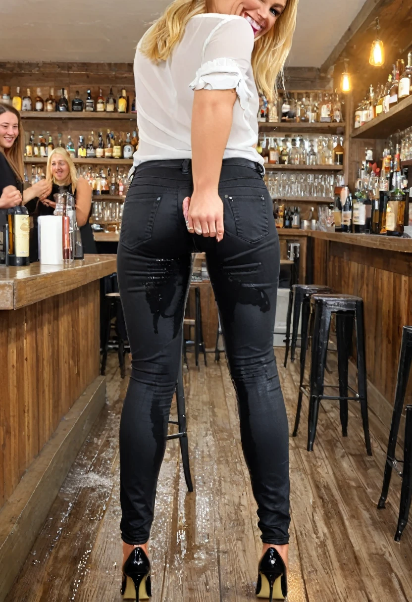 ((rear view)), attractive blonde woman wearing black skinny jeans, high heel pumps, white blouse, standing in a crowded bar,  wetting, big smile, pee stains are gleaming wet, ((rear view))