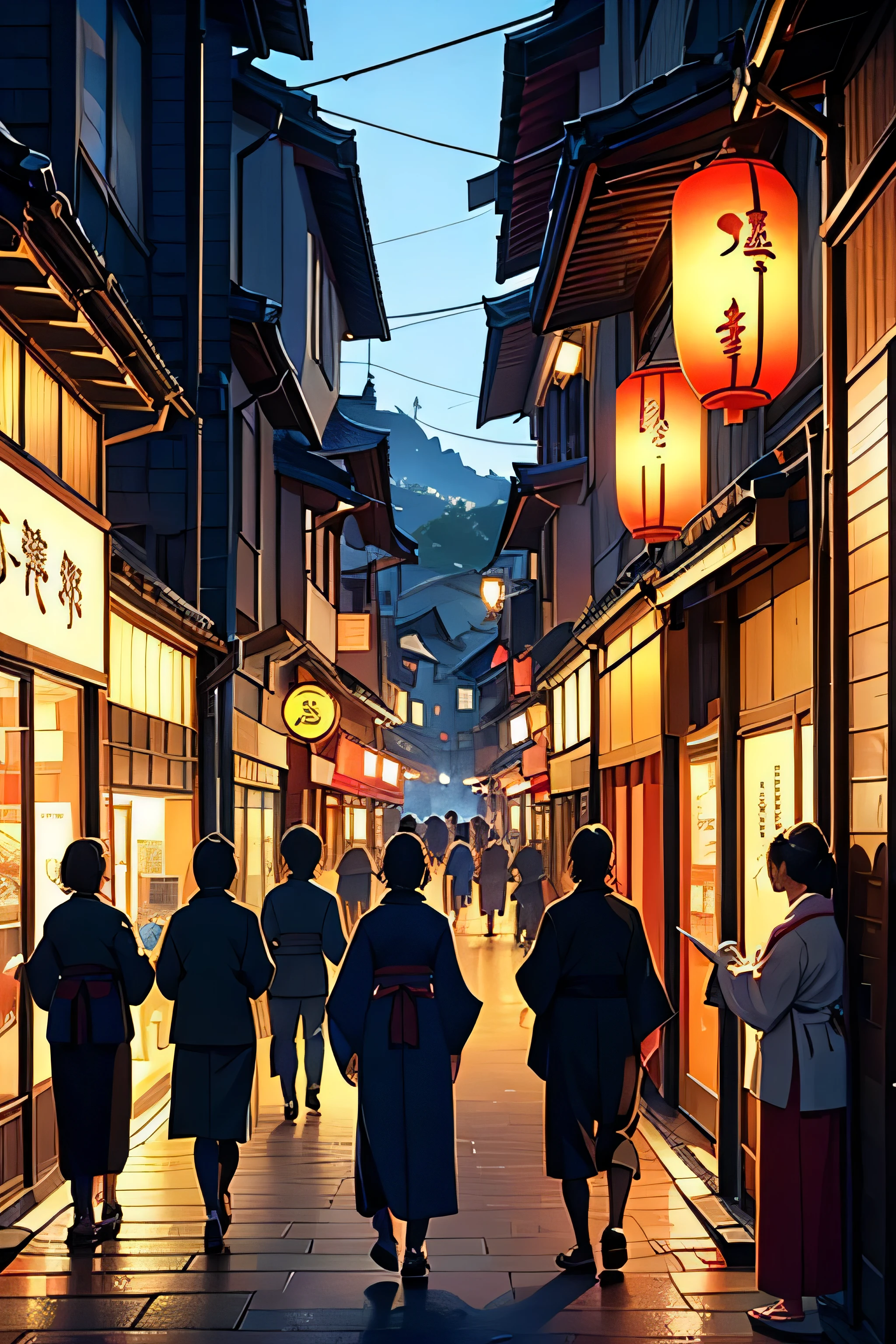 A scene of a city in ancient Japan with several shops around. There are many people in traditional Japanese clothes walking down the street. the street is very wide and populated