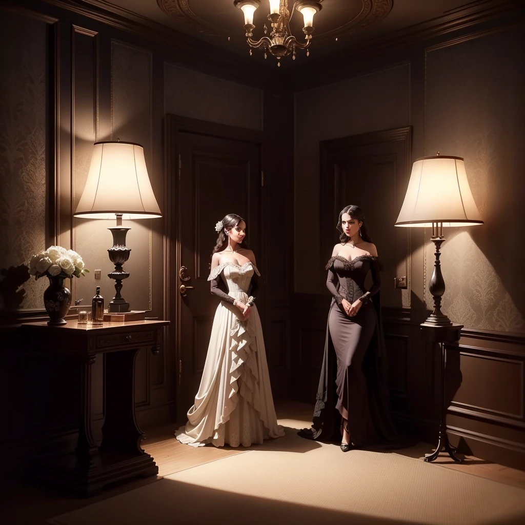 NSFW Scenario: Silhouette of a seductive figure, blurring the lines between human and myth, blend into the dimly lit room's shadows. A single spotlight illuminates a clock ticking with an intense rhythm, casting long, dramatic shadows on the walls. A vintage lamp with a dimming bulb adds an enigmatic ambiance to the setting.
Two Women in a Room: A Victorian-era room adorned with rich, dark wood furnishings and intricate wallpaper. A grand, ornate clock dominates one wall, while a simple, minimalist lamp adds a modern touch. Two women, clad in elegant evening gowns, engage in hushed, animated