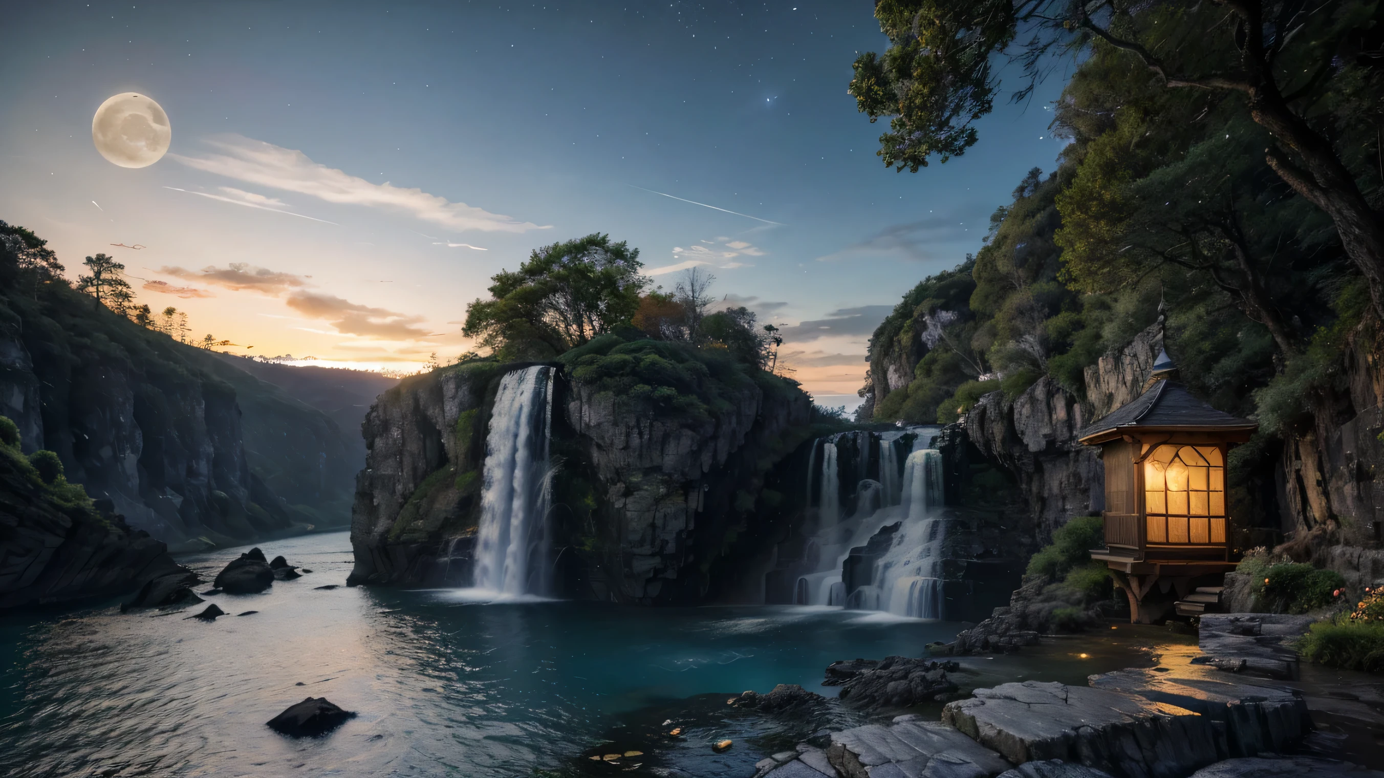 Night view,8K,Highest quality,live-action,Aké, arch, corner, rockerie, wood, water flowing, landscape, Outdoor, waterfall, Pasture, rock, stream, moon, Night Sky, Night view, hot spring, vapor, Great composition, darkness, moonlight, High-resolution details, masterpiece, Highest quality, (High-definition CG integrated 8K wallpaper), (Highest quality)