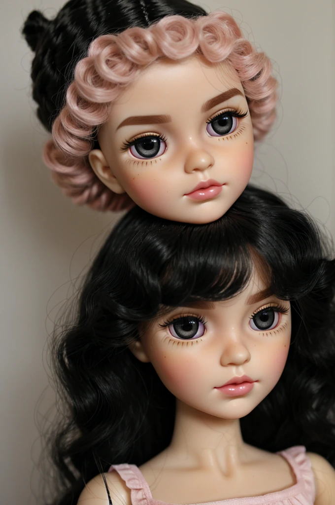 make me a pale blythe doll, with very curly black hair, eyes the color of honey, pink lips, with a mole on the left eye, small, upturned nose, long eyelashes and black eyebrows