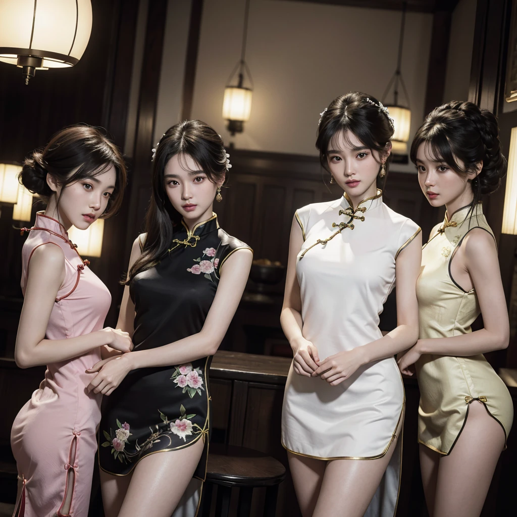 absurdres, RAW photo, extremely delicate and beautiful, masterpiece, Best Quality, ultra high resolution, 32k, hyperrealistic, ultra-detailed, Very detailed CG 8k wallpaper, Beautiful Lighting, Perfect Lightning, Realistic Shadows, perfect anatomy, super Detailed skin, perfect figure, Japanese woman, late 20s, very Slim body, narrow waist, very small head, handsome detailed woman, very detailed eyes and face, realistic face proportions, Stunning detailed eyes, Realistic beautiful face, very small face, Realistic small beautiful eyes, tearful mole, earring, beautiful and very thin legs, beautiful and very thin thighs, (very huge round breasts:1.2), medium hair, black hair, (full body shot:1.2), (3 girls:1.5), (cheongsam:1.3),