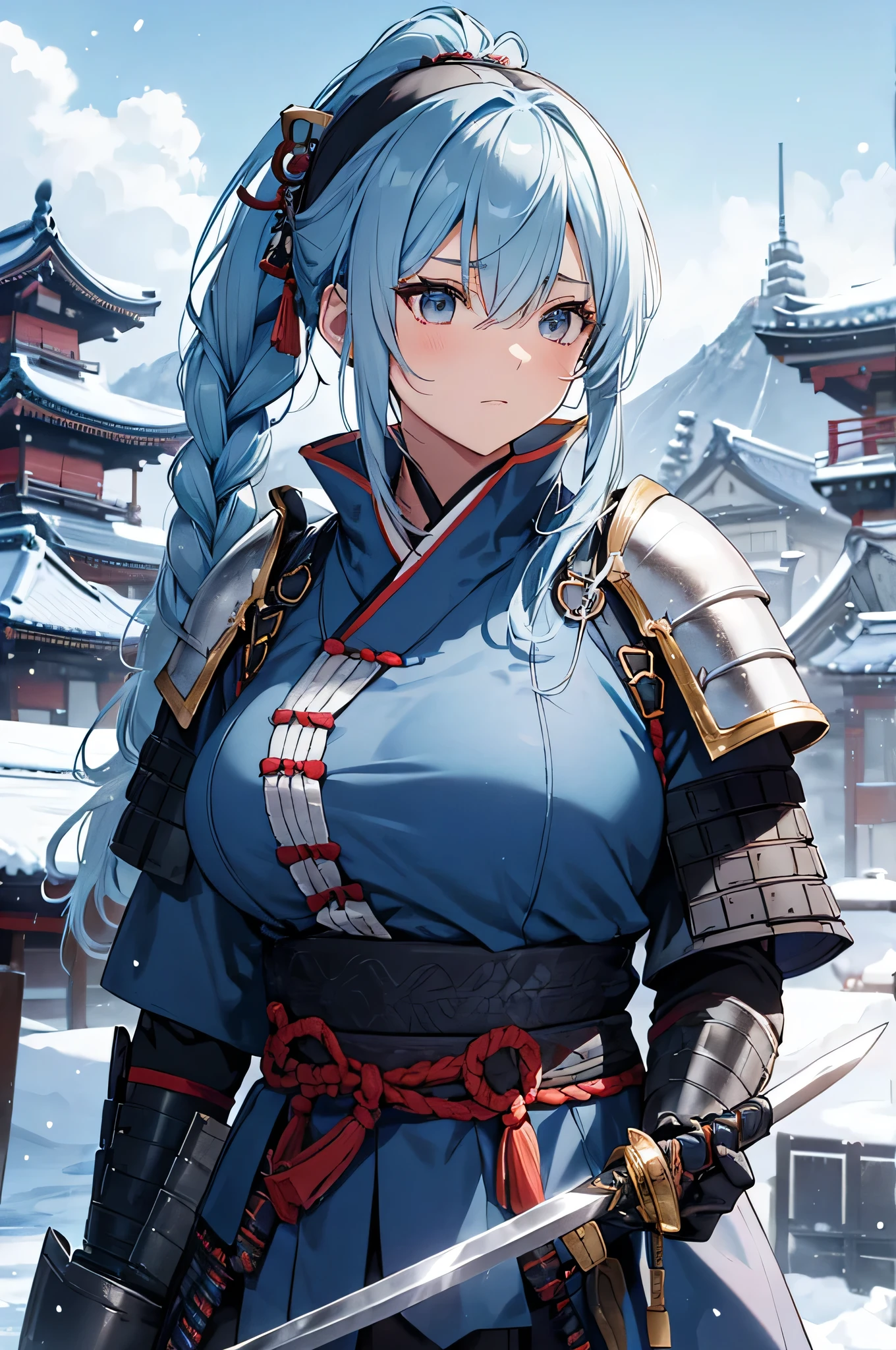 4K,High resolution,One Woman,Light blue hair,Long Ponytail,Braid,Big Breasts,Samurai,氷で出来たSamuraiの鎧,Heavy Armor,Full Armor,Black tights,hair band,Jewelry decoration,Big Japan sword,Japan castle tower,Snowy Sky