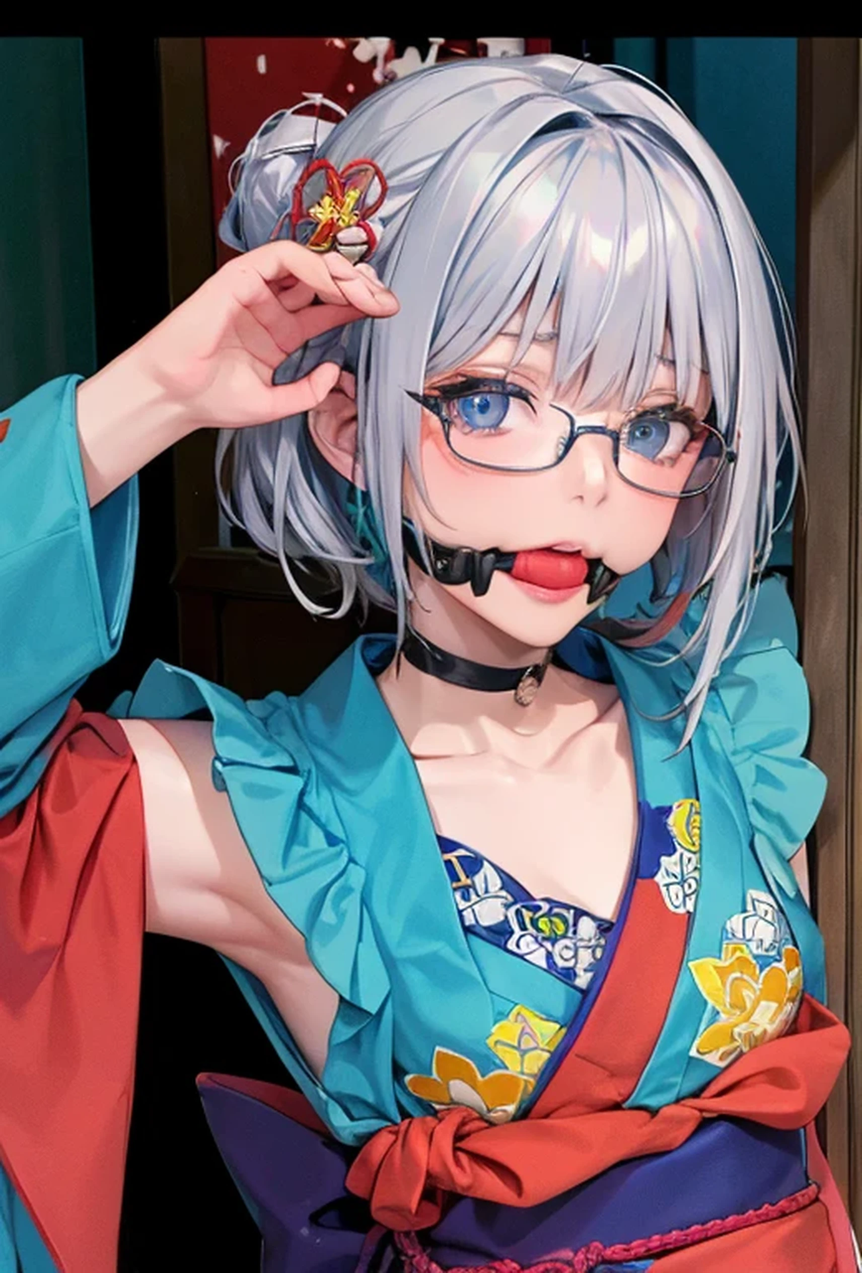 (Super detailed、Ultra-high resolution、Detailed Background)、((Flat Color))、((colorful))、Multicolored lighting、((浮かぶcolorfulな水))、
A woman in a Japanese kimono is tied up、Bound and gagged、Random Pause、
(Medium Hair、Silver Hair、hair ornaments、Glasses、choker)、Beautiful blue eyes、Beautiful red lip、(sad、Confusion）