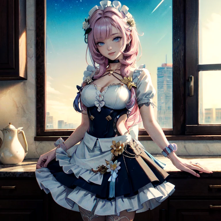 1girl, white roses, ornament hair, white roses on her hair, perfectly body, perfectly hands, lilac hair, long hair, wave hair, long hair, ornament hair, long hair, Looking at the viewer, flowing hair, Beautiful Eyes, Plump and glossy lips, maid, maid dress, maid headdress, maid apron, white dress with too many frills, white dress, blue laces, white Short skirt, Drape clothes, pink gem, Lace trim, kitchen, luxury details, gold jewelry, more details, best quality, Big sparkling eyes, blushing, white Striped Lace Stockings, pink ta skirt, sparkle, solo, centered girl, cowboy shot, perfectly body, perfectly hands, two arms, two legs, two hands, five fingers, perfect anatomy, glowing hair, white roses, maid, maid dress, dress, solo, flowing hair, floating hair, ornament hair, perfectly body, perfectly hands, on the kitchen, sparkles, more details on her clothes, white dress with transparency, golden details on her dress, night, tray with juice, ((4k, masterpiece, top-quality)), 8k, best quality, high resolution, UHD, (illustration:0.8), super cute girl, delicate and beautiful face, mature girl, super cute hairstyle, (beautiful detailed eyes:1.6), extremely detailed face, perfect lighting, extremely detailed CG, (perfect hands, perfect anatomy), Best quality, cleavage, small skirt, full Body, two arms, two legs, two hands, five fingers