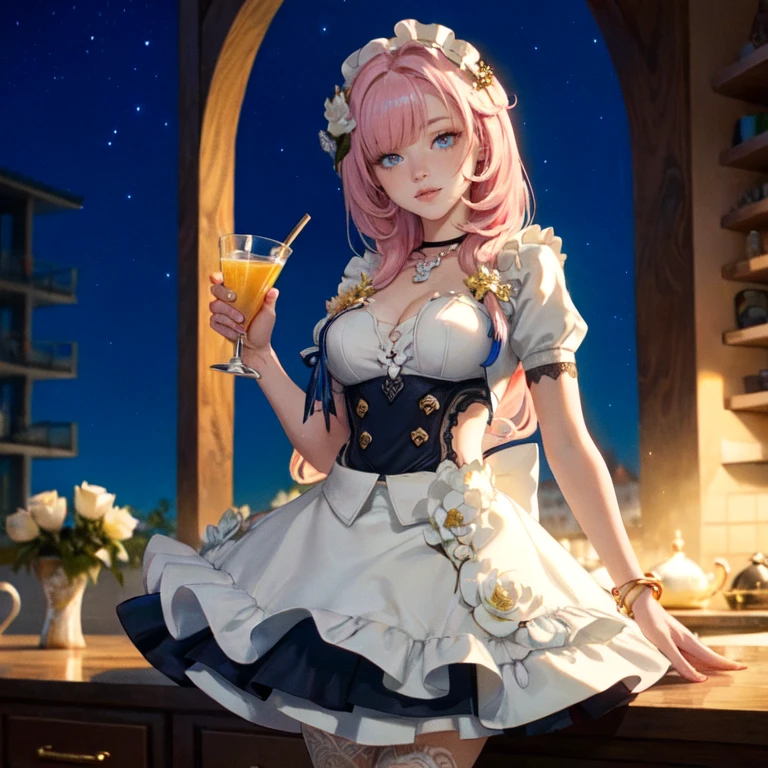 1girl, white roses, ornament hair, white roses on her hair, perfectly body, perfectly hands, lilac hair, long hair, wave hair, long hair, ornament hair, long hair, Looking at the viewer, flowing hair, Beautiful Eyes, Plump and glossy lips, maid, maid dress, maid headdress, maid apron, white dress with too many frills, white dress, blue laces, white Short skirt, Drape clothes, pink gem, Lace trim, kitchen, luxury details, gold jewelry, more details, best quality, Big sparkling eyes, blushing, white Striped Lace Stockings, pink Lolita skirt, sparkle, solo, centered girl, cowboy shot, perfectly body, perfectly hands, two arms, two legs, two hands, five fingers, perfect anatomy, glowing hair, white roses, maid, maid dress, dress, solo, flowing hair, floating hair, ornament hair, perfectly body, perfectly hands, on the kitchen, sparkles, more details on her clothes, white dress with transparency, golden details on her dress, night, tray with juice, ((4k, masterpiece, top-quality)), 8k, best quality, high resolution, UHD, (illustration:0.8), super cute girl, delicate and beautiful face, mature girl, super cute hairstyle, (beautiful detailed eyes:1.6), extremely detailed face, perfect lighting, extremely detailed CG, (perfect hands, perfect anatomy), Best quality, cleavage, small skirt, full Body, two arms, two legs, two hands, five fingers