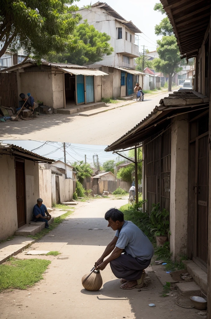 (best qualityer) a simple, with old houses, a man sitting on a stool under a tree, a humble lady sweeping the street in front of her house and children in the background playing ball (I want a simple and humble image that portrays poor people)