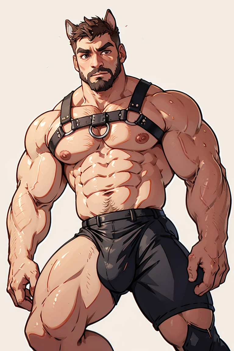 Horse man, exaggeratedly muscular, detailed eyes, prominent and dilated veins, alpha male, huge pecs (huge: 2.5), sensual expression, nicebulge, gayharness, sexy pose, full body, (white background).