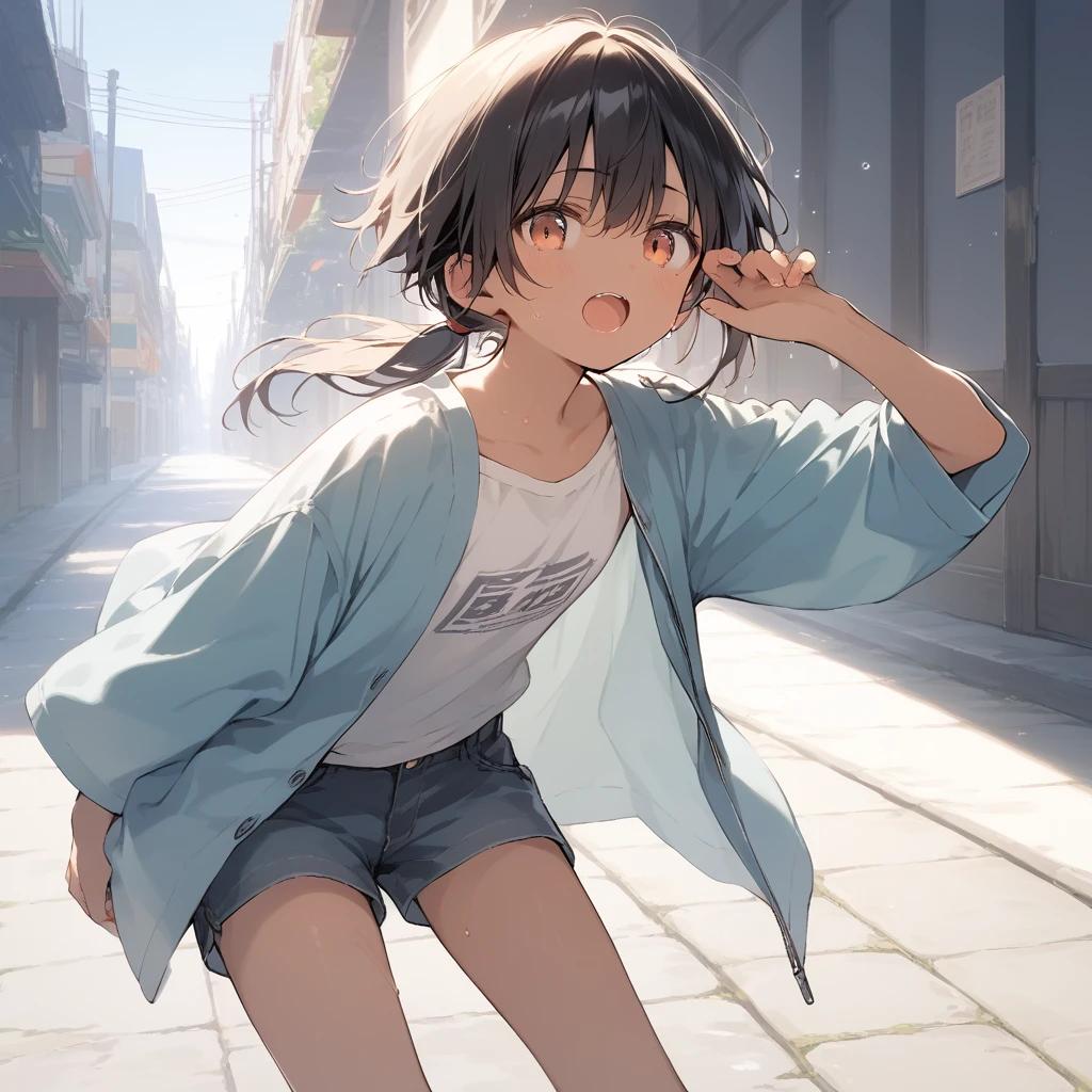 score_9, score_8_up, score_7_up, source_anime, best quality, masterpiece, official art, absurdres, highres, ultra-detailed,waifu2x,Collection: Slice of Life,break,1girl, tomboy, dark-skinned female, short hair, low ponytail, flat chest, beautiful detailed eyes, short shorts, sweat, open mouth, (yawn:0.3), sleepily, outdoors, wind, break,(clear line illustration:1.2),very high resolution, very aesthetic, super detailed skin, Best sexual lighting powered by famous artist, 8k,cute picture,beauty illustration,photoshop_(medium),,(Detailed Lighting),best anime 8k konachan wallpaper, pixiv contest winner,