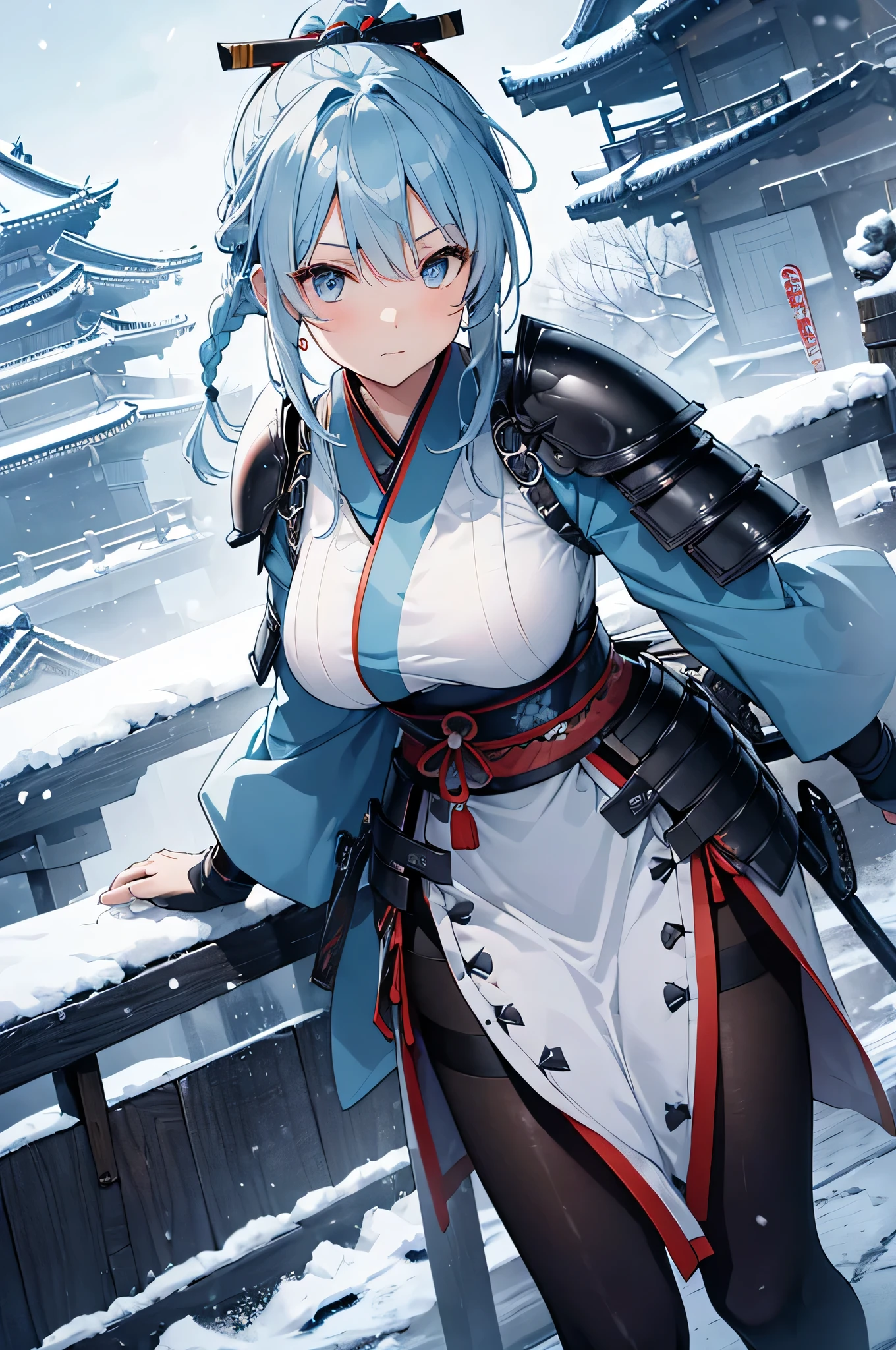 4K,High resolution,One Woman,Light blue hair,Long Ponytail,Braid,Big Breasts,Samurai,氷で出来たSamuraiの鎧,Heavy Armor,Full Armor,Black tights,hair band,Jewelry decoration,Big Japan sword,Japan castle tower,Snowy Sky