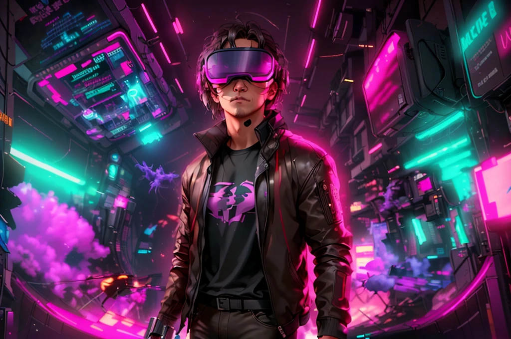 neocruz cabello largo , messy hair, a man in a black jacket and glasses stands in front of a futuristic city, vr game, cyberpunk vibe, cyberpunk vibes, deeper into the metaverse we go, has cyberpunk style, cyberpunk theme, in cyber punk 2077, cyberpunk futuristic, cyberpunk future, synthwave, wearing cyberpunk streetwear, futuristic cyberpunk, cyberpunk tech, retro cyberpunk, synthwave style
