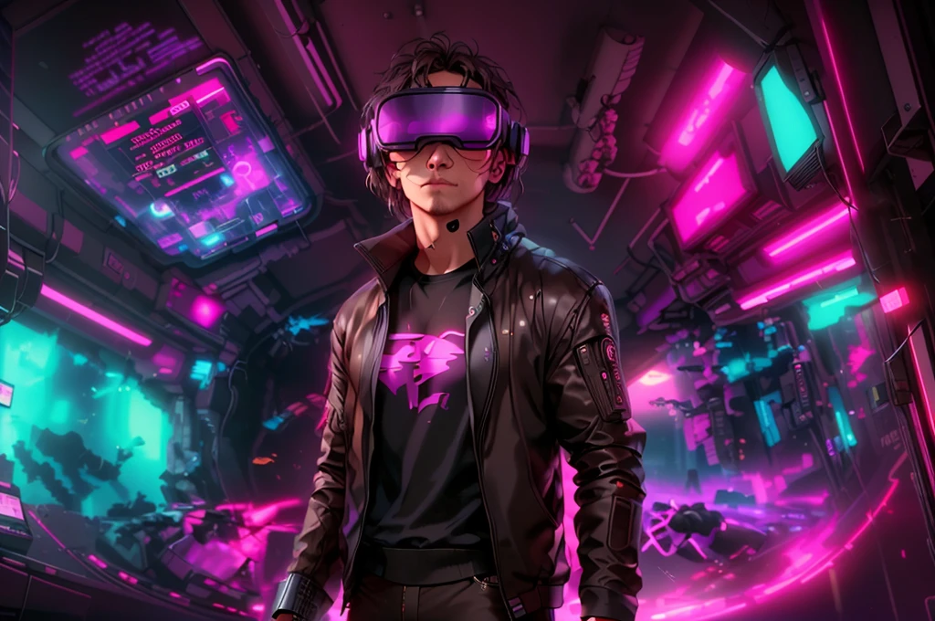 neocruz cabello largo , messy hair, a man in a black jacket and glasses stands in front of a futuristic city, vr game, cyberpunk vibe, cyberpunk vibes, deeper into the metaverse we go, has cyberpunk style, cyberpunk theme, in cyber punk 2077, cyberpunk futuristic, cyberpunk future, synthwave, wearing cyberpunk streetwear, futuristic cyberpunk, cyberpunk tech, retro cyberpunk, synthwave style