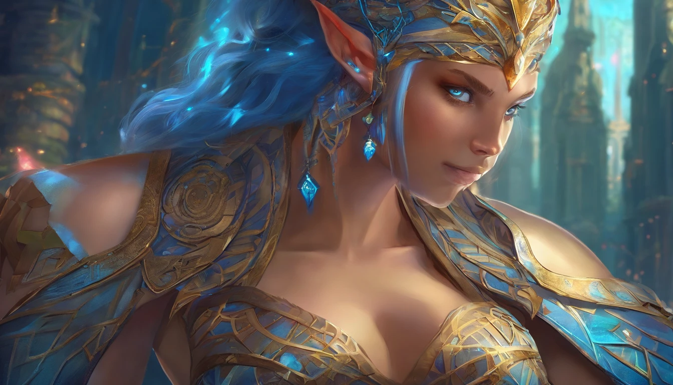 cyberpunk Battlecore barbarian woman with glowing opalescent third eye, highly detailed glowing elven runes tattooed to the irises, glowing elven, Stealth skin, runes on cheeks, runes on jawline, runes on ears, runes on forehead,blue humanoid cavatar with bioluminescent avatar markings, full body, bare feet, magical technological tribal clothing, dots and patterns on its skin. Pointy elf ears. avatar like hair, hair color: black, bright sparkling blue eyes, slightly shimmering iridescent blue skin. female, warrior like, magical and mystical, detailed and realistic. Blue skin tone only. Only blue colored skin. Skin color all blue. Wide and deep scenery, dynamic scene with a sense of movement, several planes of depth, magical light with cold tones, brilliant aura. In the background, an epic view, with exuberant nature and an ancient technological city highlighted, with neon highlighting the buildings.