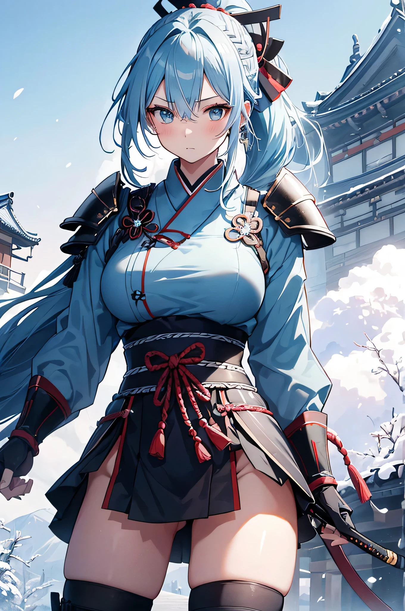 4K,High resolution,One Woman,Light blue hair,Long Ponytail,Braid,Big Breasts,Samurai,氷で出来たSamuraiの鎧,Heavy Armor,Full Armor,Black tights,hair band,Jewelry decoration,Big Japan sword,Japan castle tower,Snowy Sky