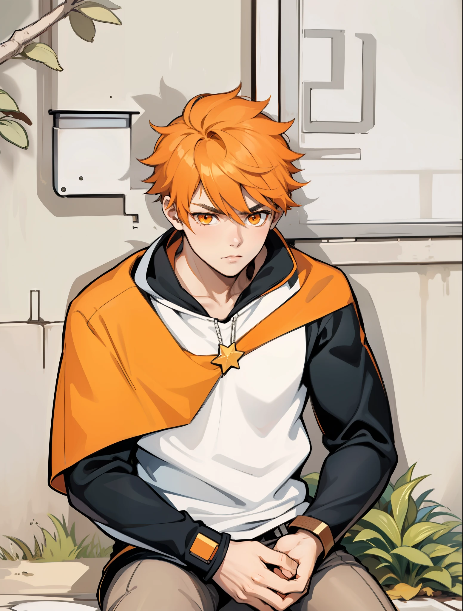 cute young man of 16 years old orange eyes is serious something upset looking at someone who is approaching
