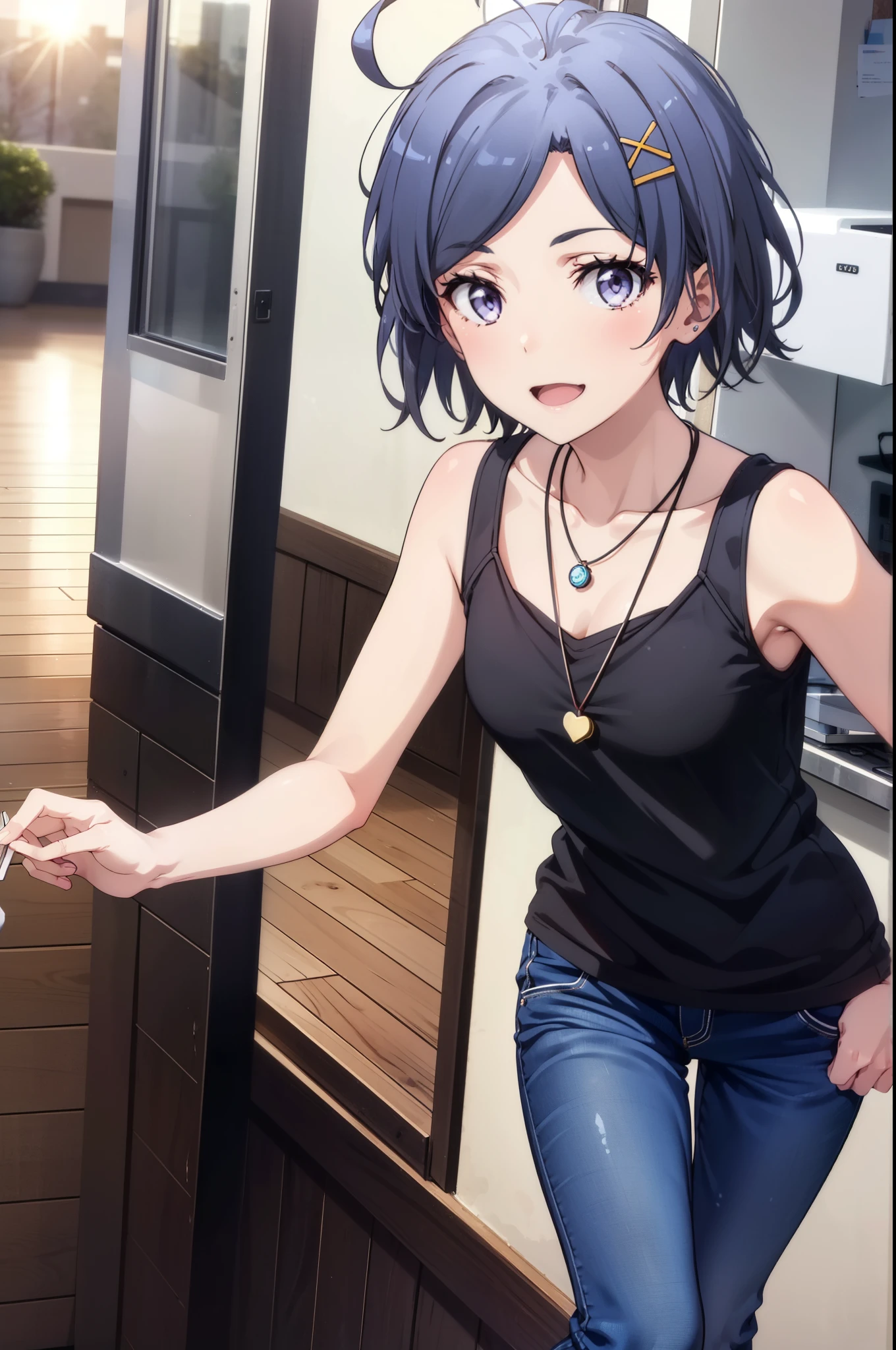 komachihikigaya, komachi hikigaya, short hair, Black Hair, hair ornaments, Ahoge, Hair Clip, x hair ornaments, (Purple eyes:1.1), tooth, happy smile, smile, Open your mouth, black tank top shirt,Locket Necklace,Skinny jeans,Stiletto heels,morning,morning陽,The sun is rising,Walking,whole bodyがイラストに入るように,
break outdoors, Building district,
break looking at viewer,whole body,
break (masterpiece:1.2), Highest quality, High resolution, unity 8k wallpaper, (figure:0.8), (Beautiful attention to detail:1.6), Highly detailed face, Perfect lighting, Highly detailed CG, (Perfect hands, Perfect Anatomy),