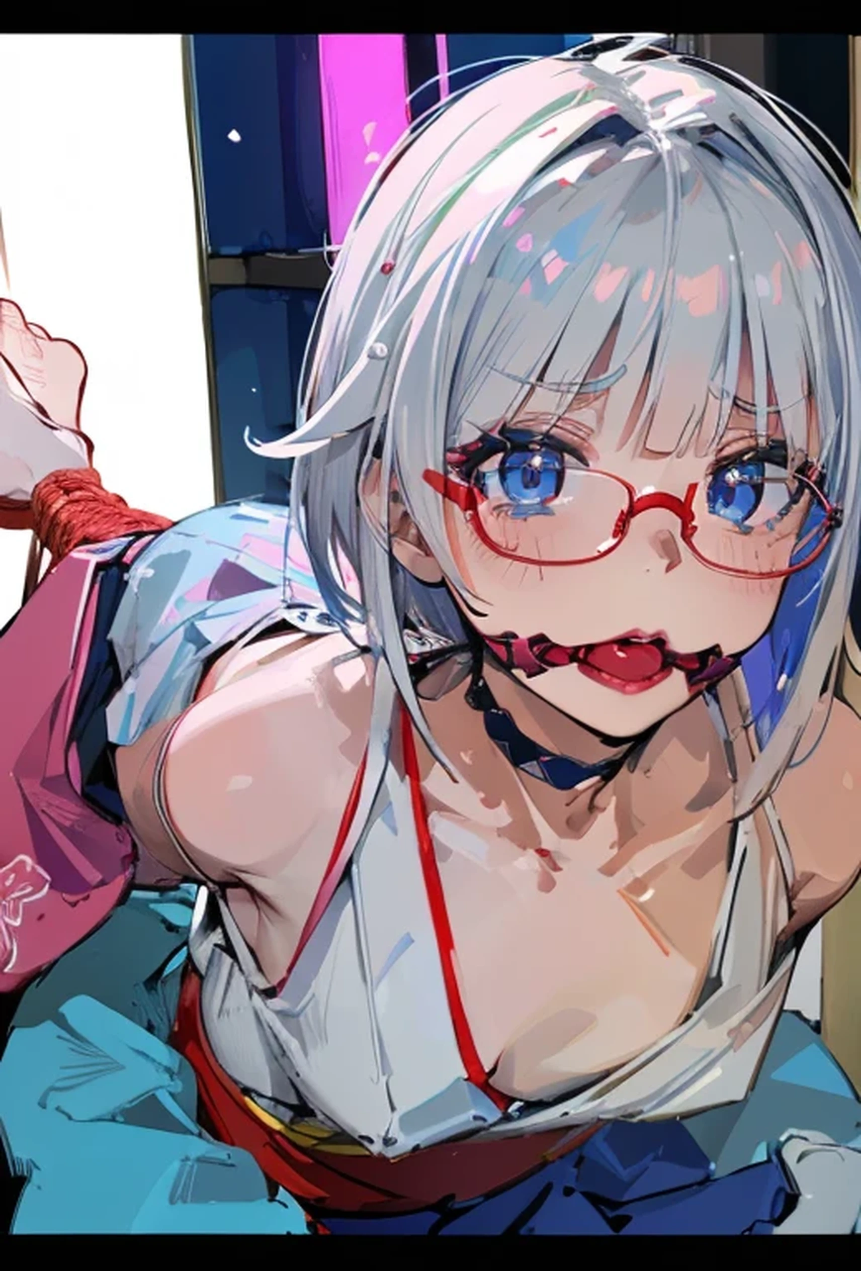 (Super detailed、Ultra-high resolution、Detailed Background)、((Flat Color))、((colorful))、Multicolored lighting、((浮かぶcolorfulな水))、
Bound and gagged woman in Japanese kimono、Random Pause、
(Medium Hair、Silver Hair、hair ornaments、Glasses、choker)、Beautiful blue eyes、Beautiful red lip、(sad、Confusion)