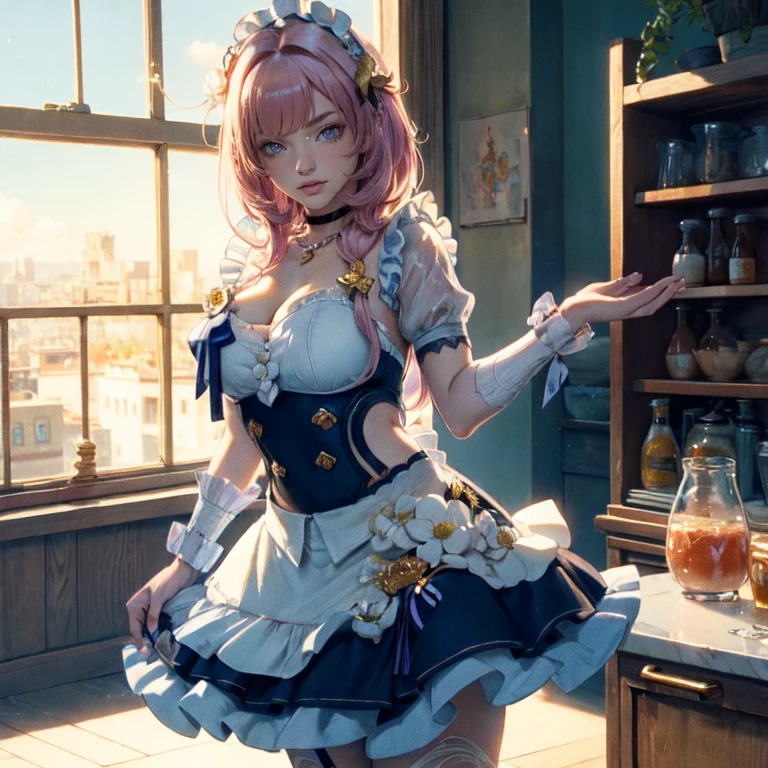 1girl, white roses, ornament hair, white roses on her hair, perfectly body, perfectly hands, lilac hair, long hair, wave hair, long hair, ornament hair, long hair, Looking at the viewer, flowing hair, Beautiful Eyes, Plump and glossy lips, maid, maid dress, maid headdress, maid apron, white dress with too many frills, white dress, blue laces, white Short skirt, Drape clothes, pink gem, Lace trim, kitchen, luxury details, gold jewelry, more details, best quality, Big sparkling eyes, blushing, white Striped Lace Stockings, pink Lolita skirt, sparkle, solo, centered girl, cowboy shot, perfectly body, perfectly hands, two arms, two legs, two hands, five fingers, perfect ???????, glowing hair, white roses, maid, maid dress, dress, solo, flowing hair, floating hair, ornament hair, perfectly body, perfectly hands, on the kitchen, sparkles, more details on her clothes, white dress with transparency, golden details on her dress, night, tray with juice, ((4k, masterpiece, top-quality)), 8k, best quality, high resolution, UHD, (illustration:0.8), super cute girl, delicate and beautiful face, mature girl, super cute hairstyle, (beautiful detailed eyes:1.6), extremely detailed face, perfect lighting, extremely detailed CG, (perfect hands, perfect ???????), Best quality, cleavage, small skirt, full Body, two arms, two legs, two hands, five fingers