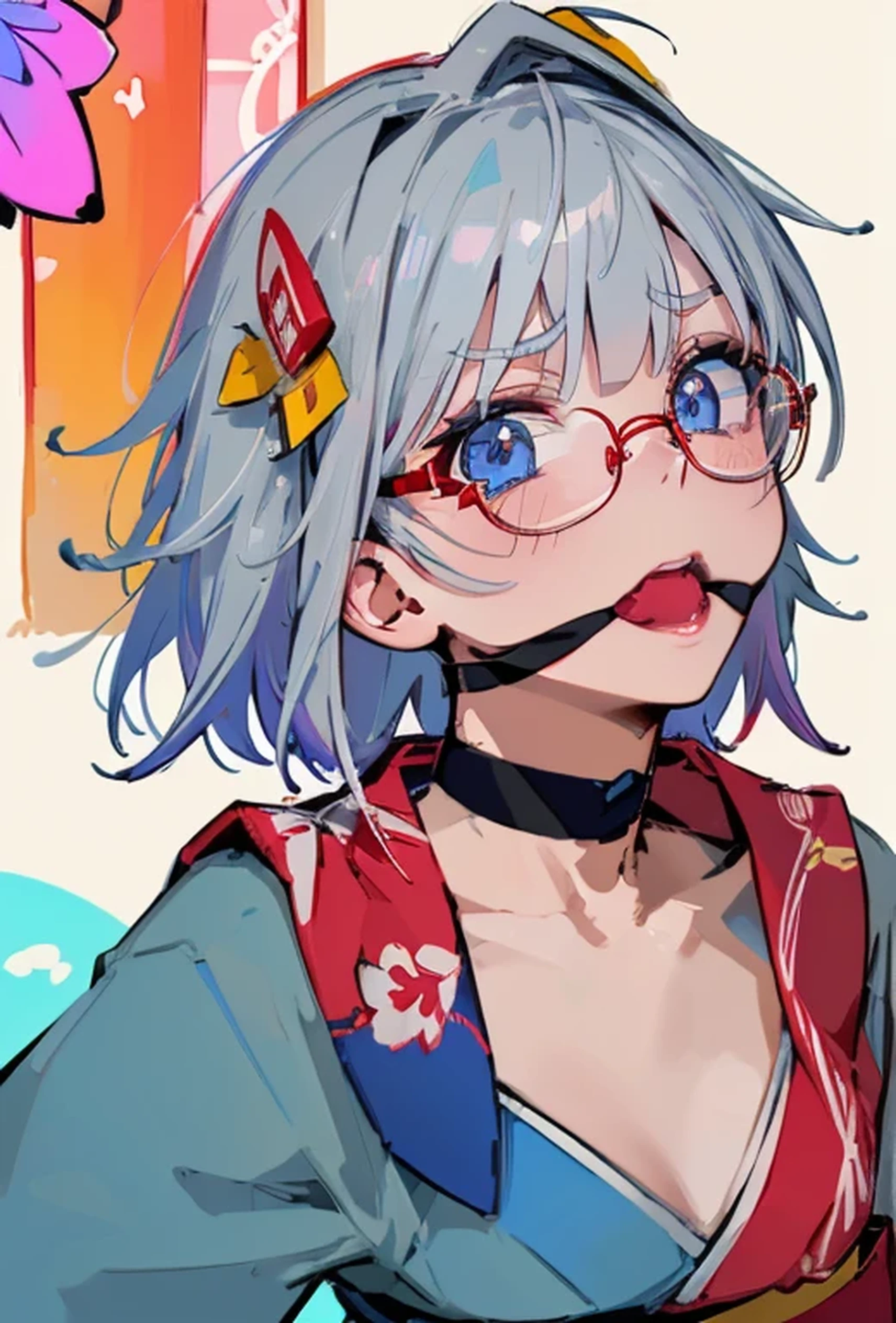 (Super detailed、Ultra-high resolution、Detailed Background)、((Flat Color))、((colorful))、Multicolored lighting、((浮かぶcolorfulな水))、
Bound and gagged woman in Japanese kimono、Random Pause、
(Medium Hair、Silver Hair、hair ornaments、Glasses、choker)、Beautiful blue eyes、Beautiful red lip、(sad、Confusion)