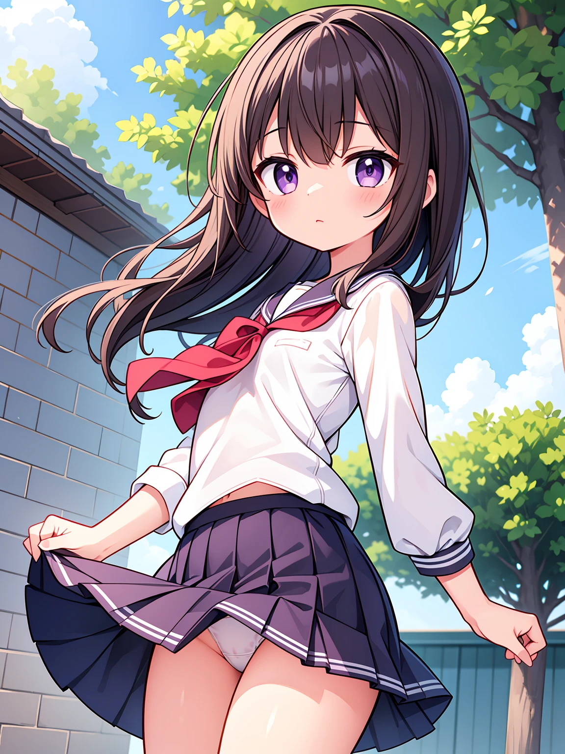 (High quality), (masterpiece), (very detailed), girl, (small chest), short brown hair, purple eyes, shy face, (primary school loli), showing her thighs, on the school yard, sunny, camera angle from below, adorable eyes, (primar school uniform), panties, (skirt lifted by strong wind)