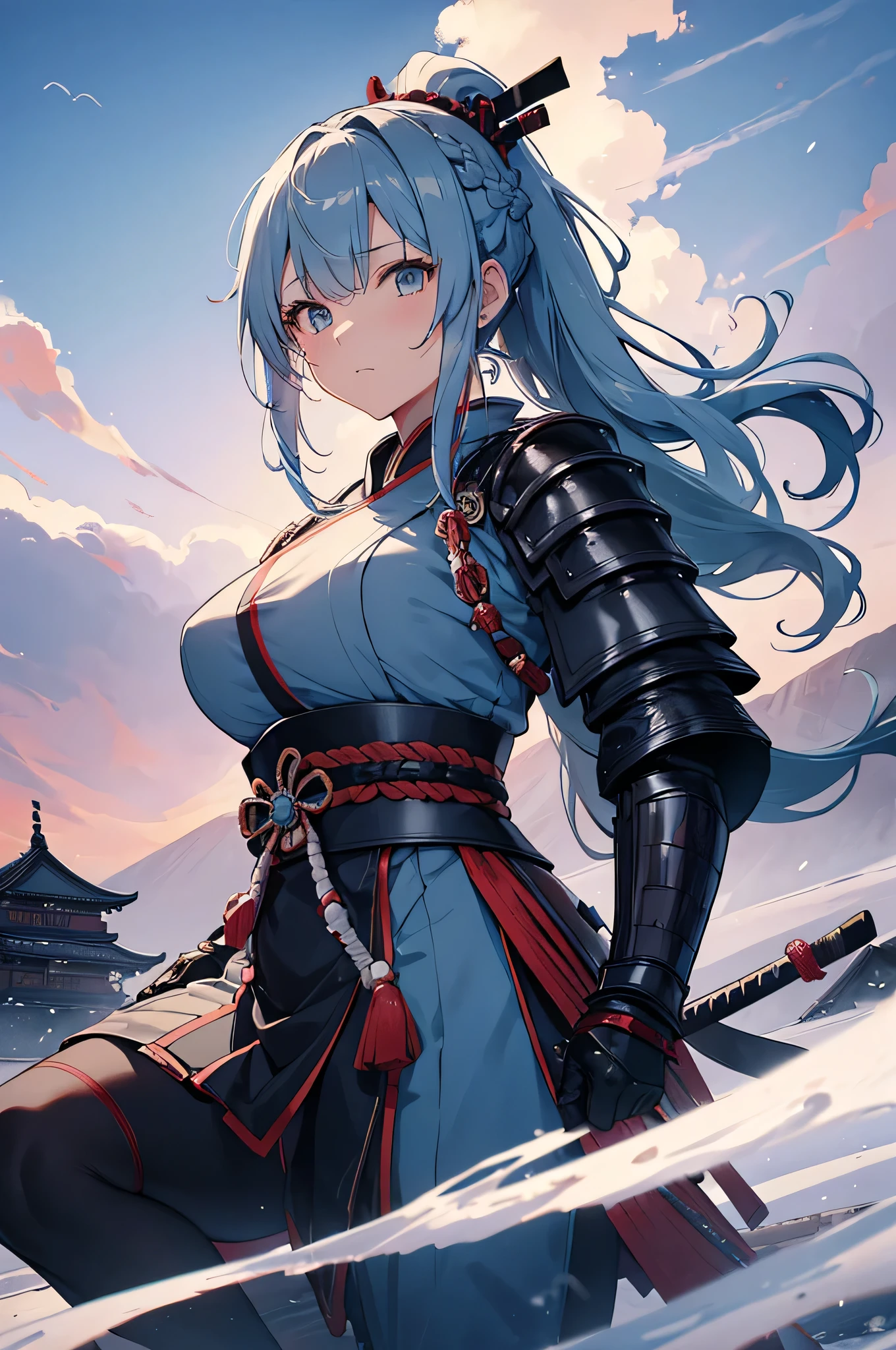 4K,High resolution,One Woman,Light blue hair,Long Ponytail,Braid,Big Breasts,Samurai,氷で出来たSamuraiの鎧,Heavy Armor,Full Armor,Black tights,hair band,Jewelry decoration,Big Japan sword,Japan castle tower,Snowy Sky