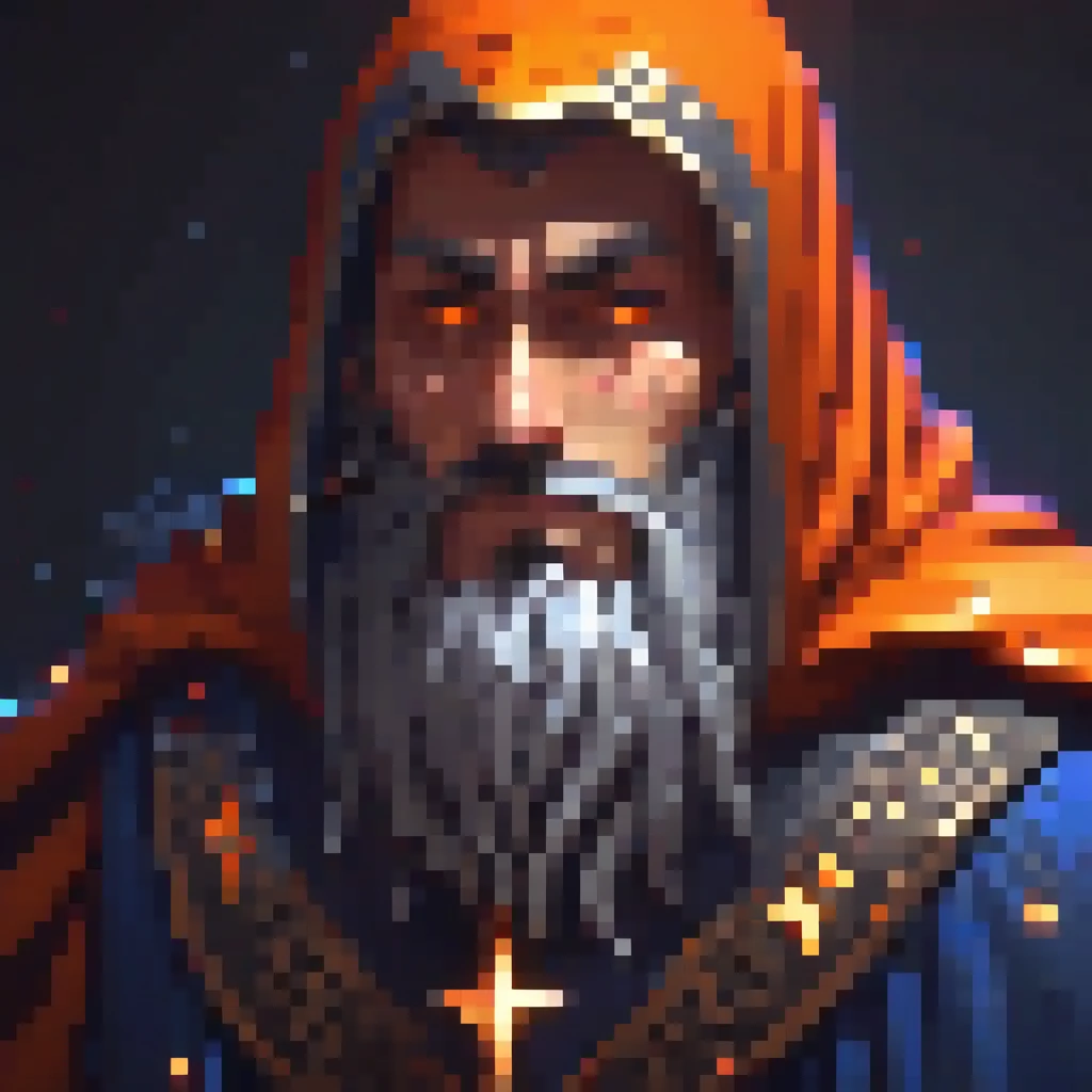a thief man, shadow cloak with stars in the cloak's pattern. glowing orange and blue eyes, full-body camera angles, extremely detailed facial features, long chin, groomed beard, best quality, 4k, 8k, highres, masterpiece:1.2, ultra-detailed, realistic, photorealistic:1.37, cinematic lighting, digital art, concept art style, vivid colors
