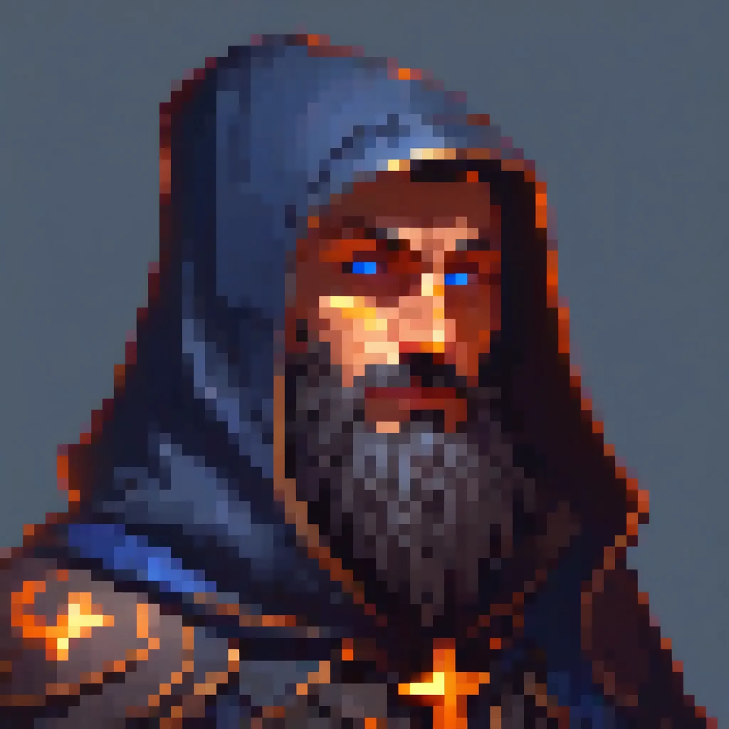 a thief man, shadow cloak with stars in the cloak's pattern. glowing orange and blue eyes, full-body camera angles, extremely detailed facial features, long chin, groomed beard, best quality, 4k, 8k, highres, masterpiece:1.2, ultra-detailed, realistic, photorealistic:1.37, cinematic lighting, digital art, concept art style, vivid colors