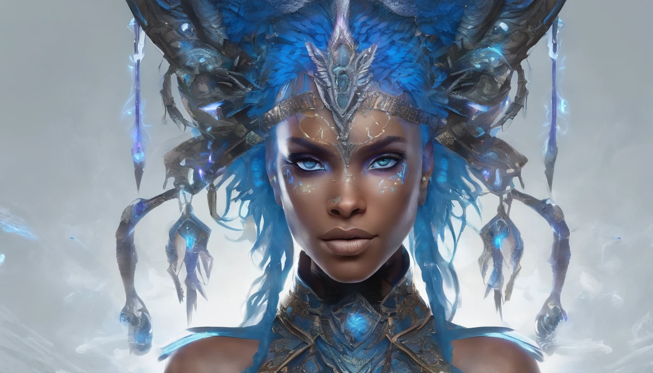 cyberpunk Battlecore barbarian woman with glowing opalescent third eye, highly detailed glowing elven runes tattooed to the irises, glowing elven, Stealth skin, runes on cheeks, runes on jawline, runes on ears, runes on forehead,blue humanoid cavatar with bioluminescent avatar markings, full body, bare feet, magical technological tribal clothing, dots and patterns on its skin. Pointy elf ears. avatar like hair, hair color: black, bright sparkling blue eyes, slightly shimmering iridescent blue skin. female, warrior like, magical and mystical, detailed and realistic. Blue skin tone only. Only blue colored skin. Skin color all blue. Wide and deep scenery, dynamic scene with a sense of movement, several planes of depth, magical light with cold tones, brilliant aura. In the background, an epic view, with exuberant nature and an ancient technological city highlighted, with neon highlighting the buildings.