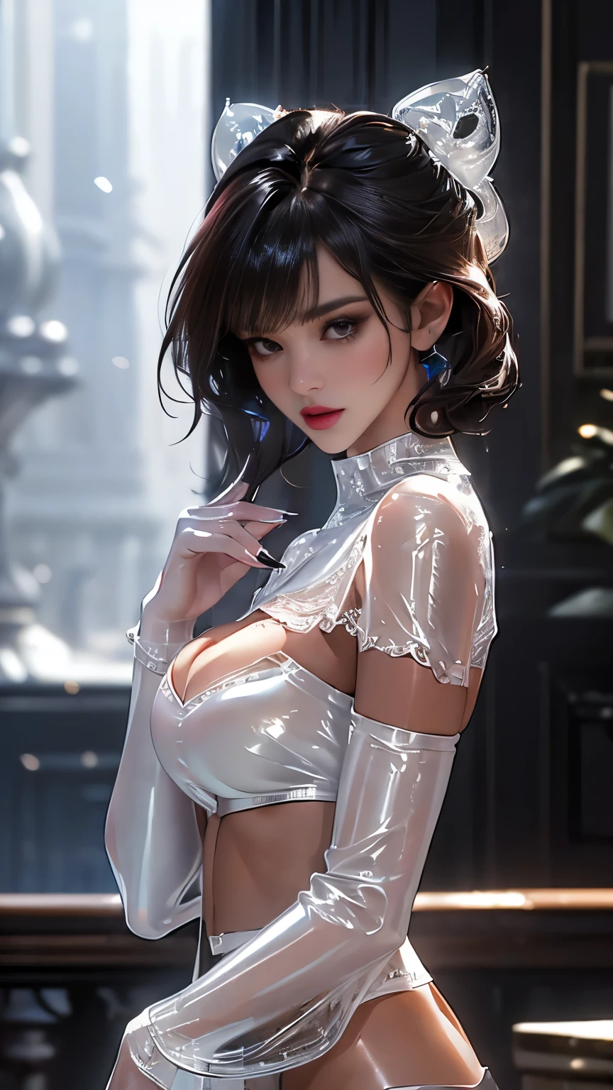 (masterpiece:1.3), (photorealistic:1.37), (A fashion model, 25-years-old), ((Glamour, paparazzi taking pictures of her), crisp focus:1.2, skinny, small waist, slender, ((big open cut: 1.74)), highly detailed face and skin texture, detailed eyes (black lacy latex:1.2), ((latex bodysuit lacy)), ((Intricate detailed multi-layer bodysuit lace-upp ))), ((white lacy shiny:1.76)), (ray tracing), (glowing light), (light dark makeup [[pink lipstick]], eyeliner:1.3), ((looking at the viewer)), (big full breasts:1.34), The attention to detail, Double eyelids, Wear an off-the-shoulder top, full bodyesbian, ((light dark medium hair (bangs slicked to the side), extremely detailed), (((Brown eyes))), 16K, UHD, Extremely detailed, voluminetric lighting, (Dark Shot:1.2), Dramatic, High Contrast, (cold Color:1.4), muted colors, elegant, ((upper body shot)), at fantasy garden