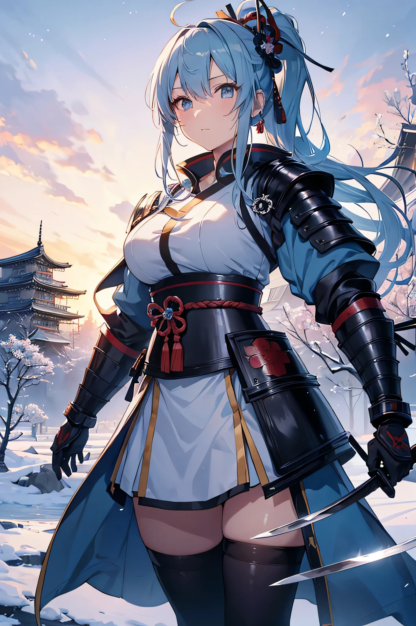 4K,High resolution,One Woman,Light blue hair,Long Ponytail,Braid,Big Breasts,Samurai,氷で出来たSamuraiの鎧,Heavy Armor,Full Armor,Black tights,hair band,Jewelry decoration,Big Japan sword,Japan castle tower,Snowy Sky