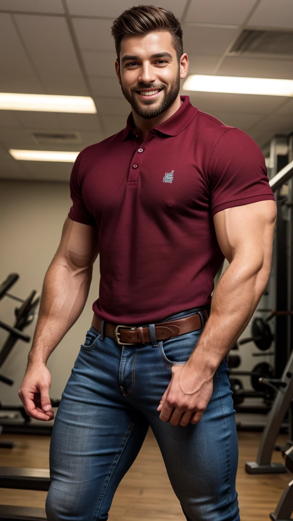 Handsome muscular man beard, strong and muscular legs, big lump, artwork, sonriendo, super sexy in jeans and burgundy polo shirt with blackstripes 8k ultra realistic masterpiece great detail next to a font super muscular , sexy 