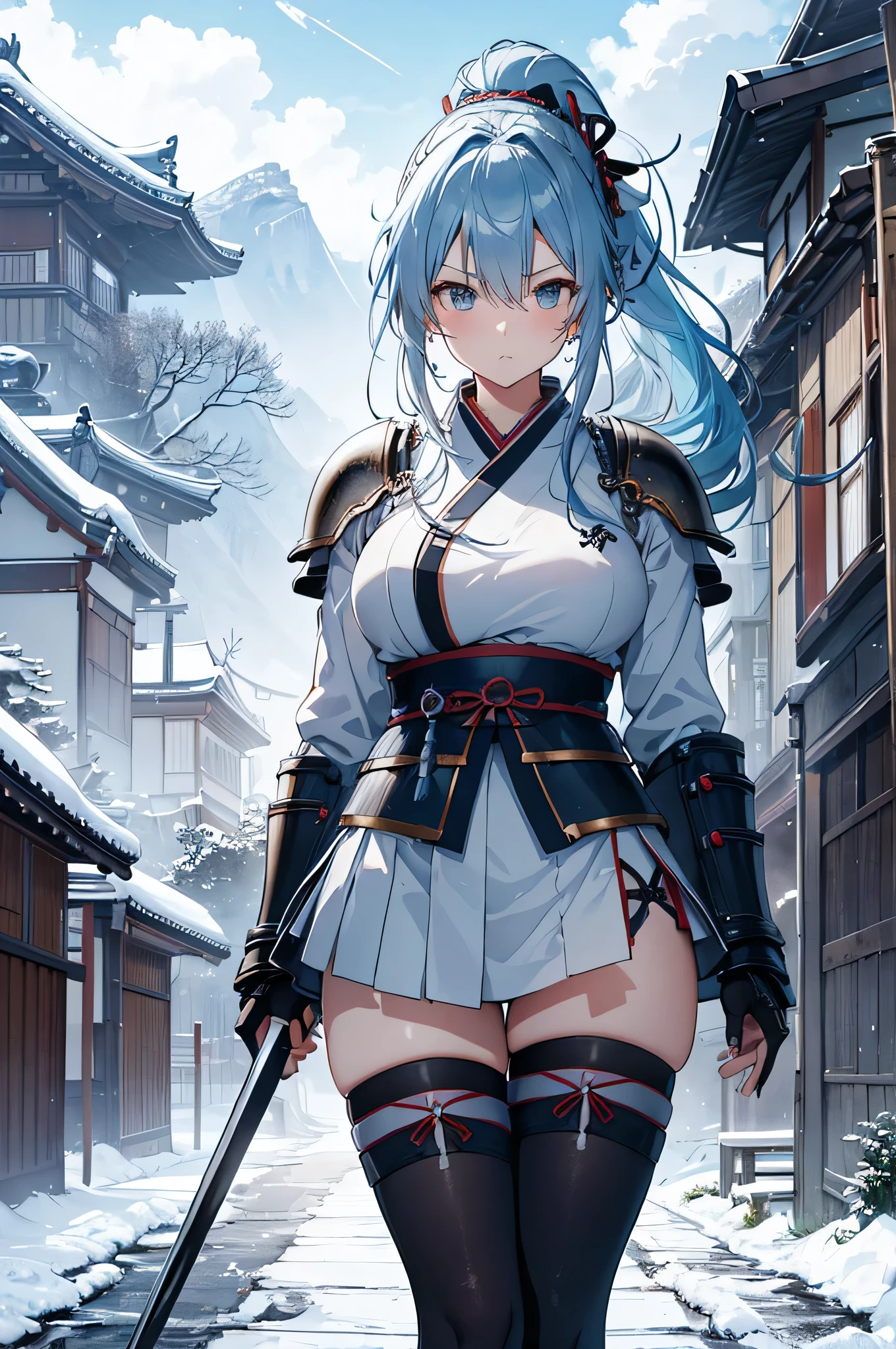 4K,High resolution,One Woman,Light blue hair,Long Ponytail,Braid,Big Breasts,Samurai,氷で出来たSamuraiの鎧,Heavy Armor,Full Armor,Black tights,hair band,Jewelry decoration,Big Japan sword,Japan castle tower,Snowy Sky