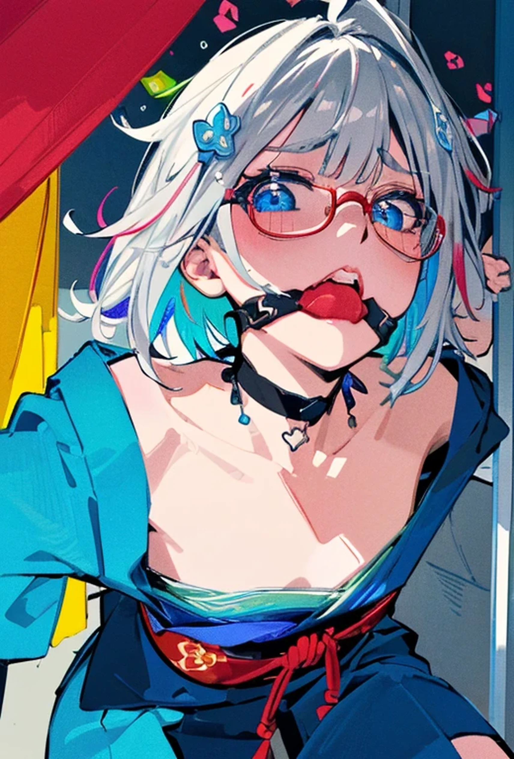 (Super detailed、Ultra-high resolution、Detailed Background)、((Flat Color))、((colorful))、Multicolored lighting、((浮かぶcolorfulな水))、
Bound and gagged woman in Japanese kimono、Random Pause、
(Medium Hair、Silver Hair、hair ornaments、Glasses、choker)、Beautiful blue eyes、Beautiful red lip、(sad、Confusion）