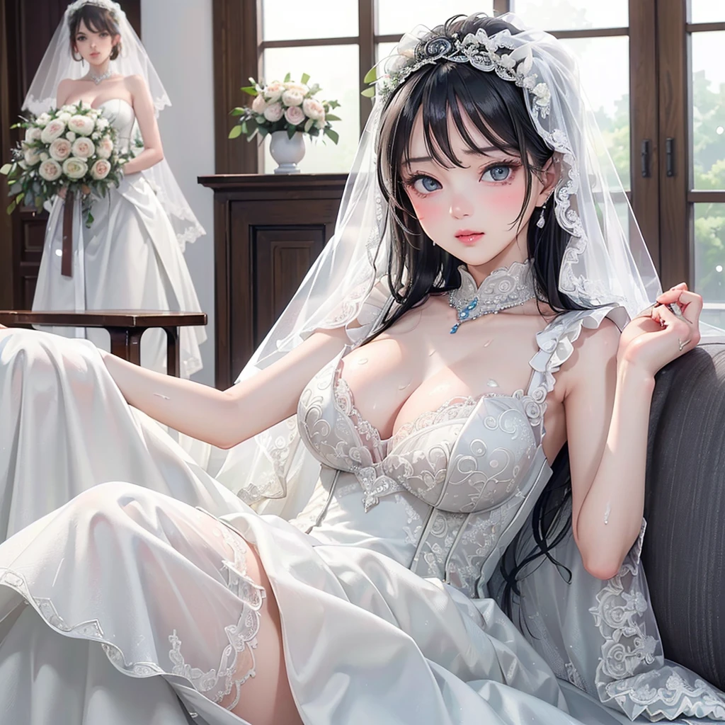 (Tabletop: 1.3), (Maximum resolution: 1.2), (Ultra HD TV: 1.2), Cinematic light, 8K resolution, Fine grain and skin, Detailed facial features, , (Sharp focus: 1.2), (Focus on the face:1.2),Perfect Style, Beautiful Face, Acura, Anatomically correct, Highly detailed face and skin texture, Fine grain, double eyelid, Thin eyebrows, Glitter Eyeliner: 1 Natural Cheeks, Shiny skin, Fair skin: 1.2, (Glossy Lips: 1.4),、 (Embarrassed look: 1.2),Highly detailed face and skin texture, Fine grain, double eyelid, Natural Cheeks, , Glossy Lips: 1.4,Exposed cleavage、Sperm taken、Overflowing sperm、Flowing sperm、 blush、Humiliated、impatience、Disappointment、It was scary、Glare、sexual excitement、Taunt、Embarrassing、Open your knees、Spread your legs、 White underwear、White bra、Shiny little earrings and necklace、Disheveled clothes、dressing、Exposed panties、Sweat、Soaking wet、See-through underwear、stockings、 23rd instar larva, A neat and clean woman,1 person、 Upturned chest,cheese、Sexy pose、Blonde、Black-haired、Silvery white hair、Blue-gray eyes、Green-gray eyes,(Wedding dress:1.5)、Veil、Glaring expression、