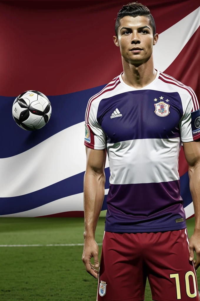 Make a flag of a country with a Cristiano Ronaldo with the shirt of the Saprissa sports team from Costa Rica 