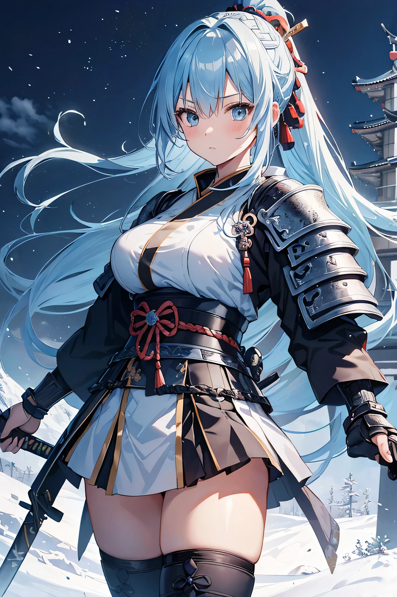 4K,High resolution,One Woman,Light blue hair,Long Ponytail,Braid,Big Breasts,Samurai,氷で出来たSamuraiの鎧,Heavy Armor,Full Armor,Black tights,hair band,Jewelry decoration,Big Japan sword,Japan castle tower,Snowy Sky