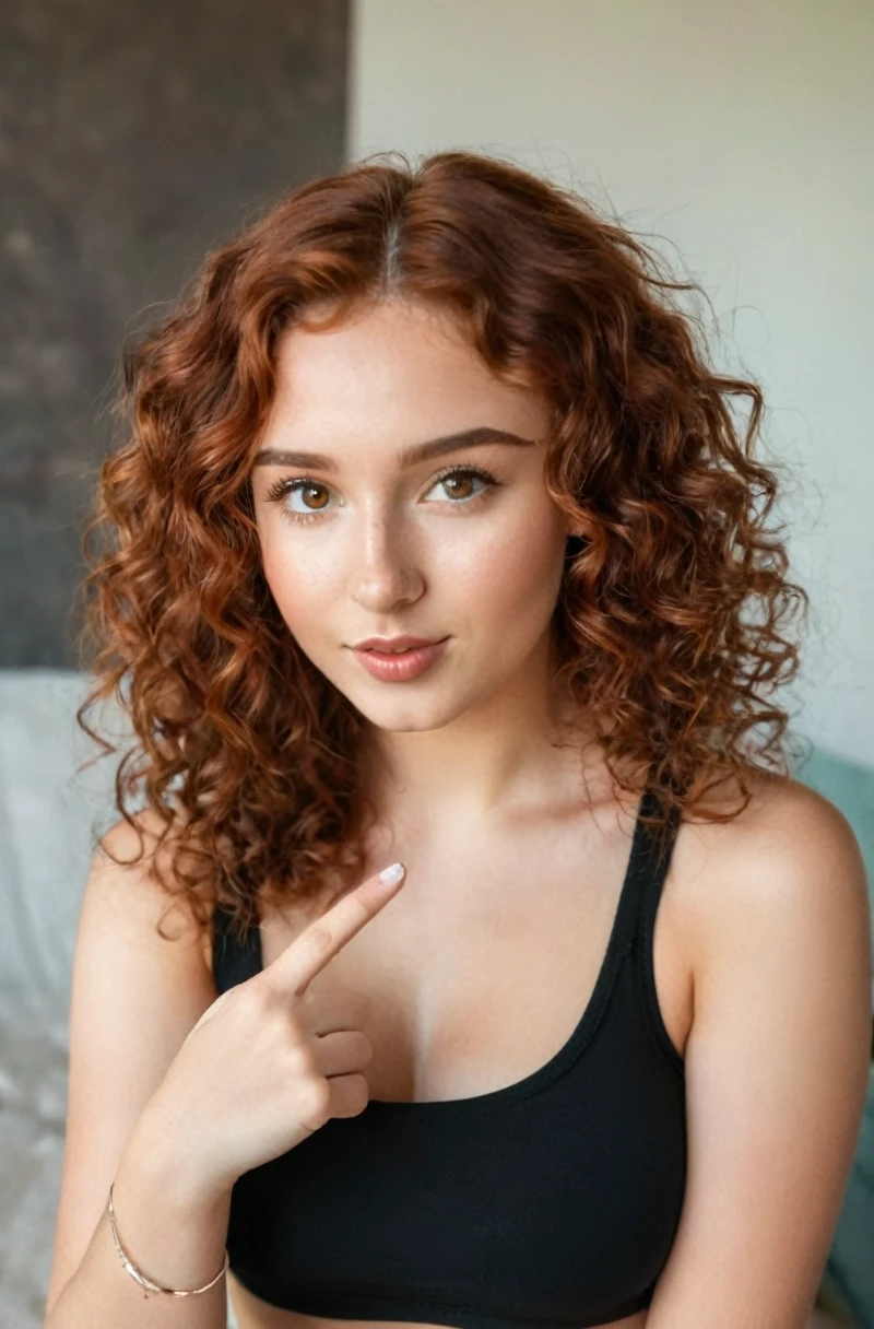 A young beautiful  girl, 18 years old, with fair skin, a ring piercing in her nose. Full body photo, shows off athletic figure, looks shy. Looks at the camera with open eyes and slightly open mouth. The ultra-realistic photo, shot with a high-quality camera, captures every detail of the texture of her skin, the vibrant color and natural curls of her red-brown hair, and the captivating depth of her brown eyes. Her curly locks fall in luscious waves, each strand shimmering under soft, hyper-realistic, Soft Light, Natural Light. young and playful look. She is wearing a body-hugging black sports top, she has large breasts but a slim figure, she is taking a selfie, showing her thumb at the camera.